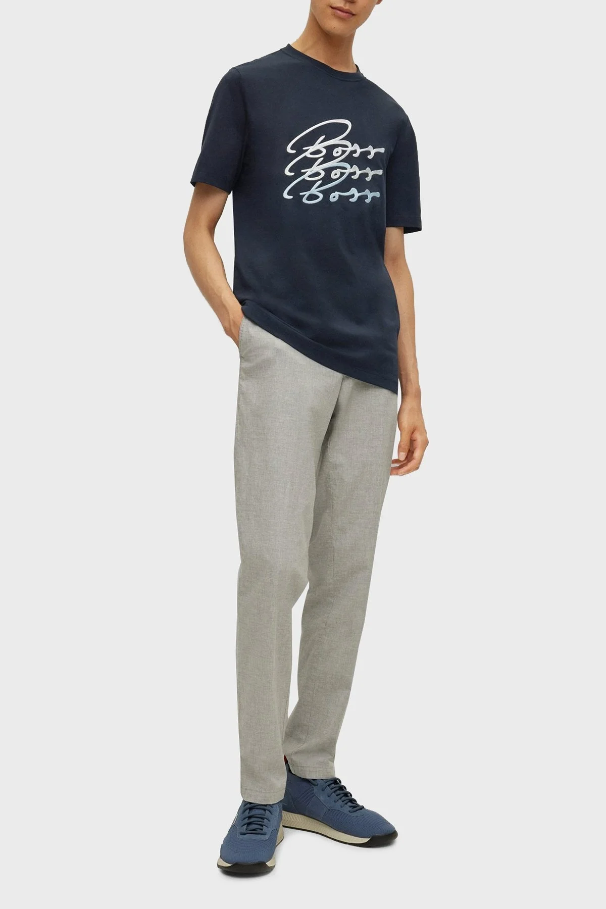 Boss Logo Baskılı Pamuklu Bisiklet Yaka Slim Fit Jarse Erkek T Shirt 50473068 404 LACİVERT - 2