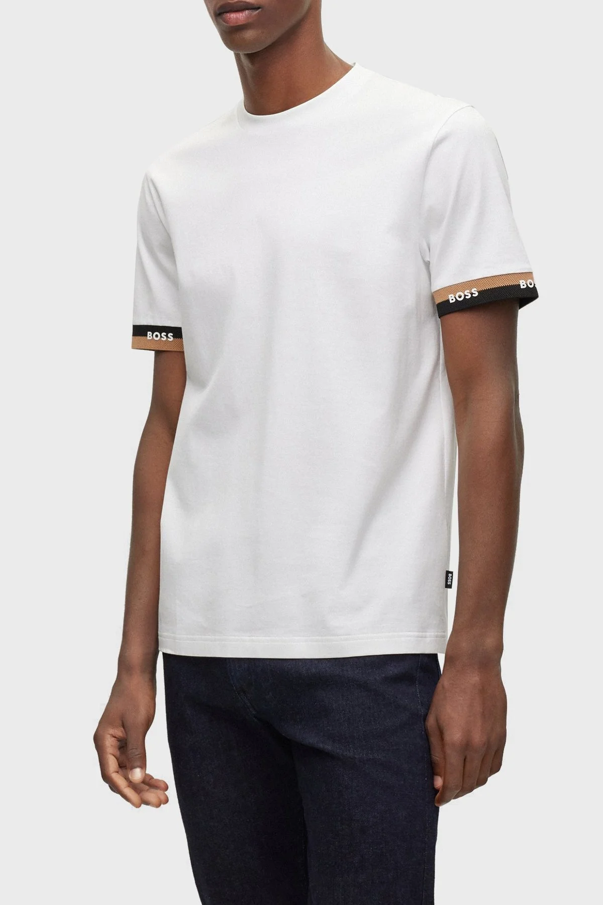 Boss Logo Manşetli Merserize Pamuklu Regular Fit Erkek T Shirt 50483132 100 BEYAZ - 1