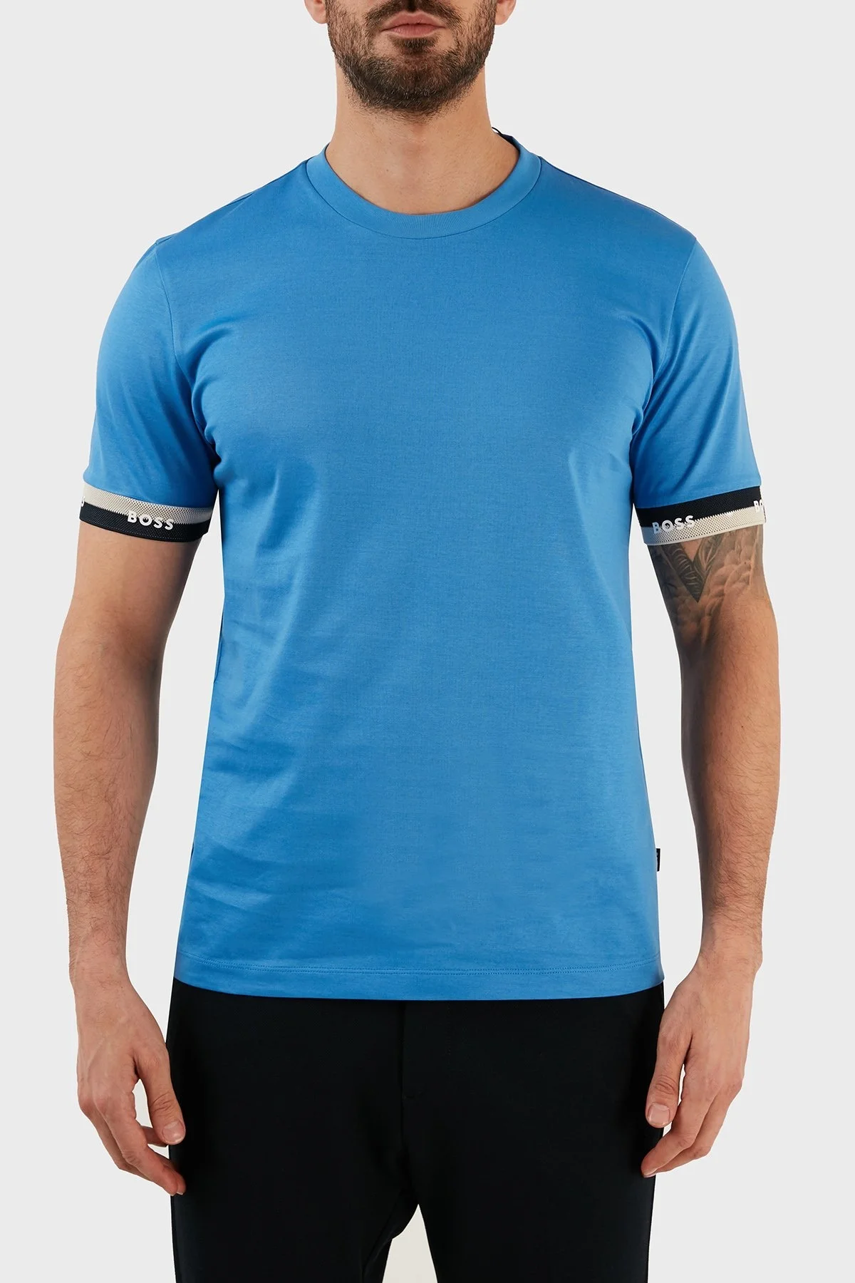Boss Logo Manşetli Merserize Pamuklu Regular Fit Erkek T Shirt 50483132 420 MAVİ - 1