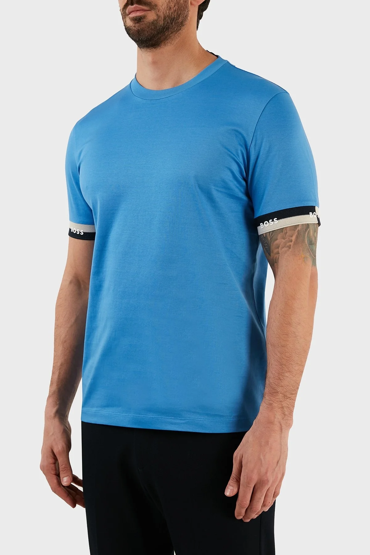 Boss Logo Manşetli Merserize Pamuklu Regular Fit Erkek T Shirt 50483132 420 MAVİ - 2