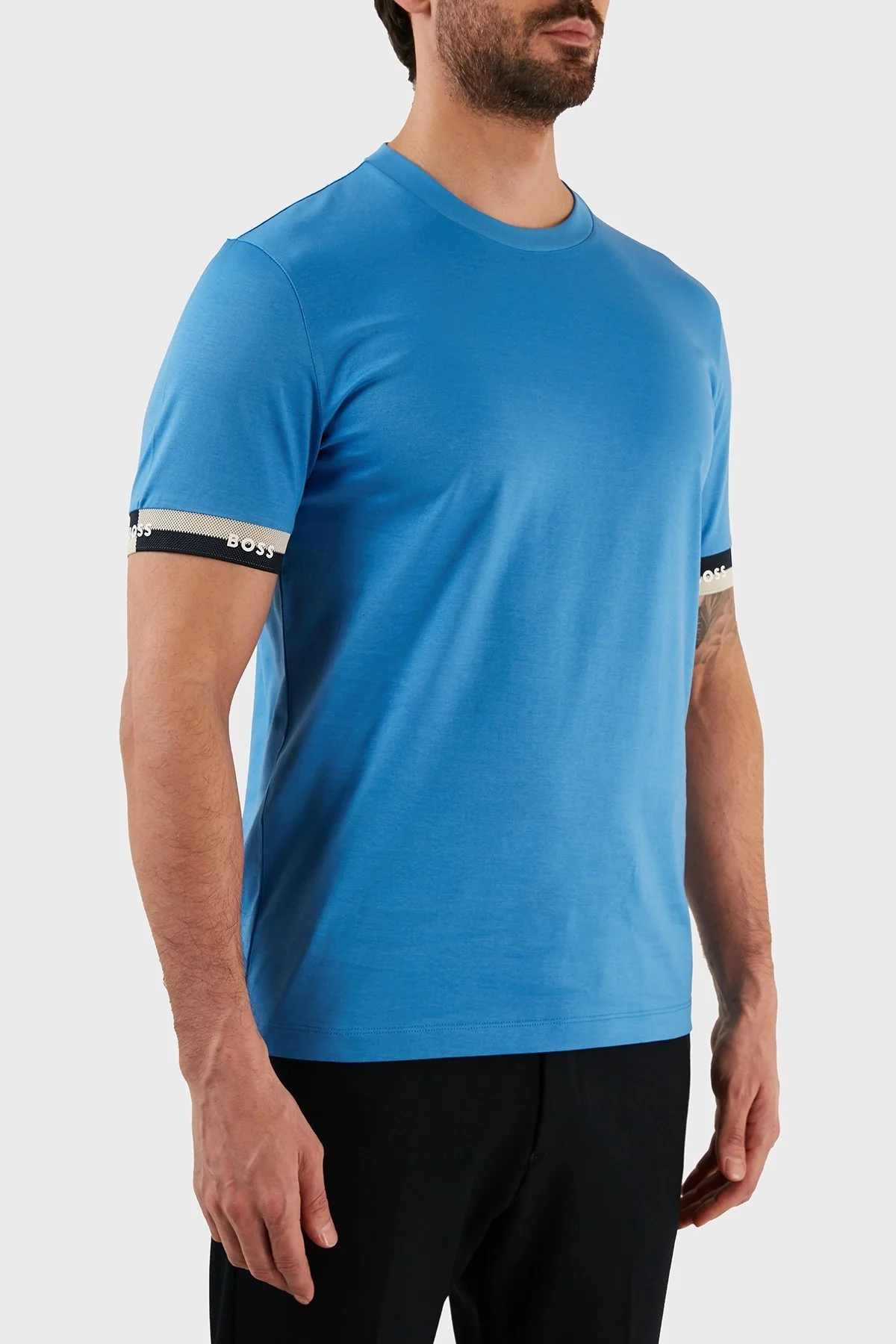 Boss Logo Manşetli Merserize Pamuklu Regular Fit Erkek T Shirt 50483132 420 MAVİ - 3