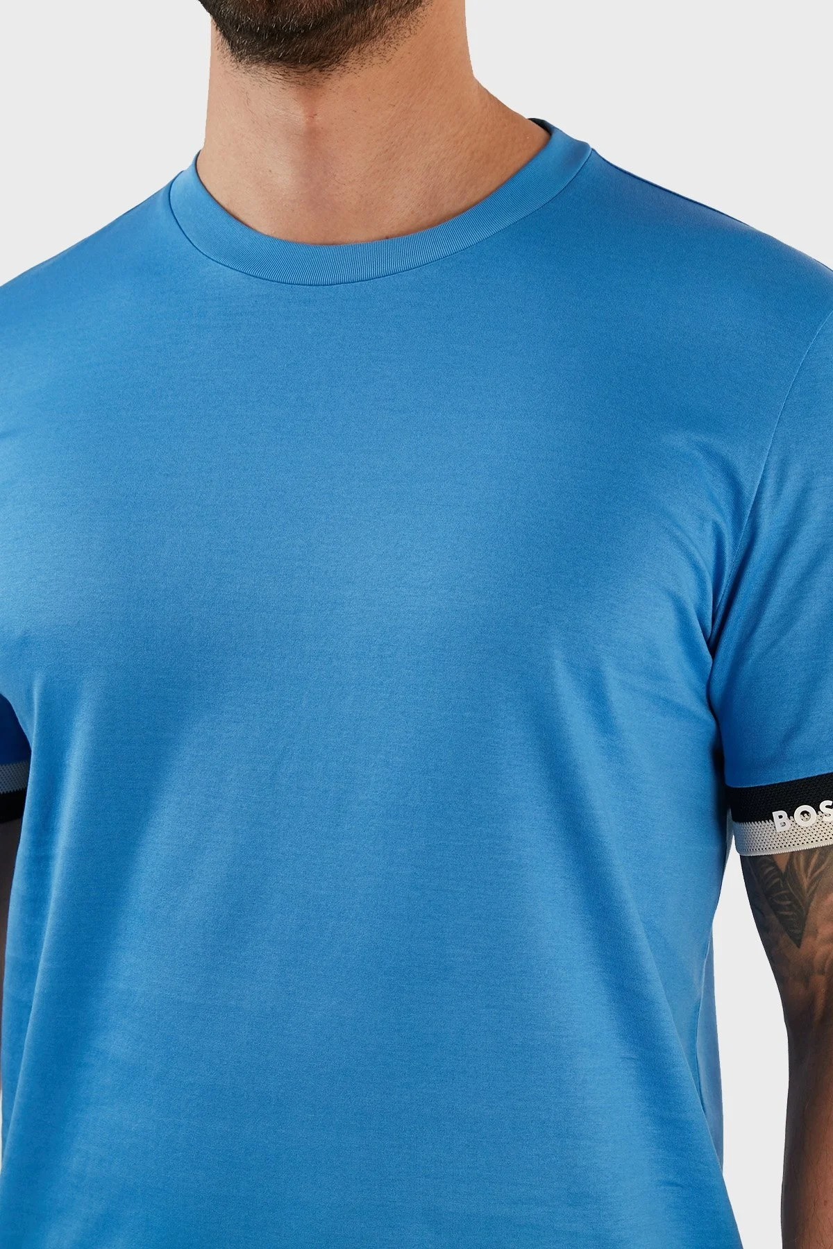 Boss Logo Manşetli Merserize Pamuklu Regular Fit Erkek T Shirt 50483132 420 MAVİ - 4