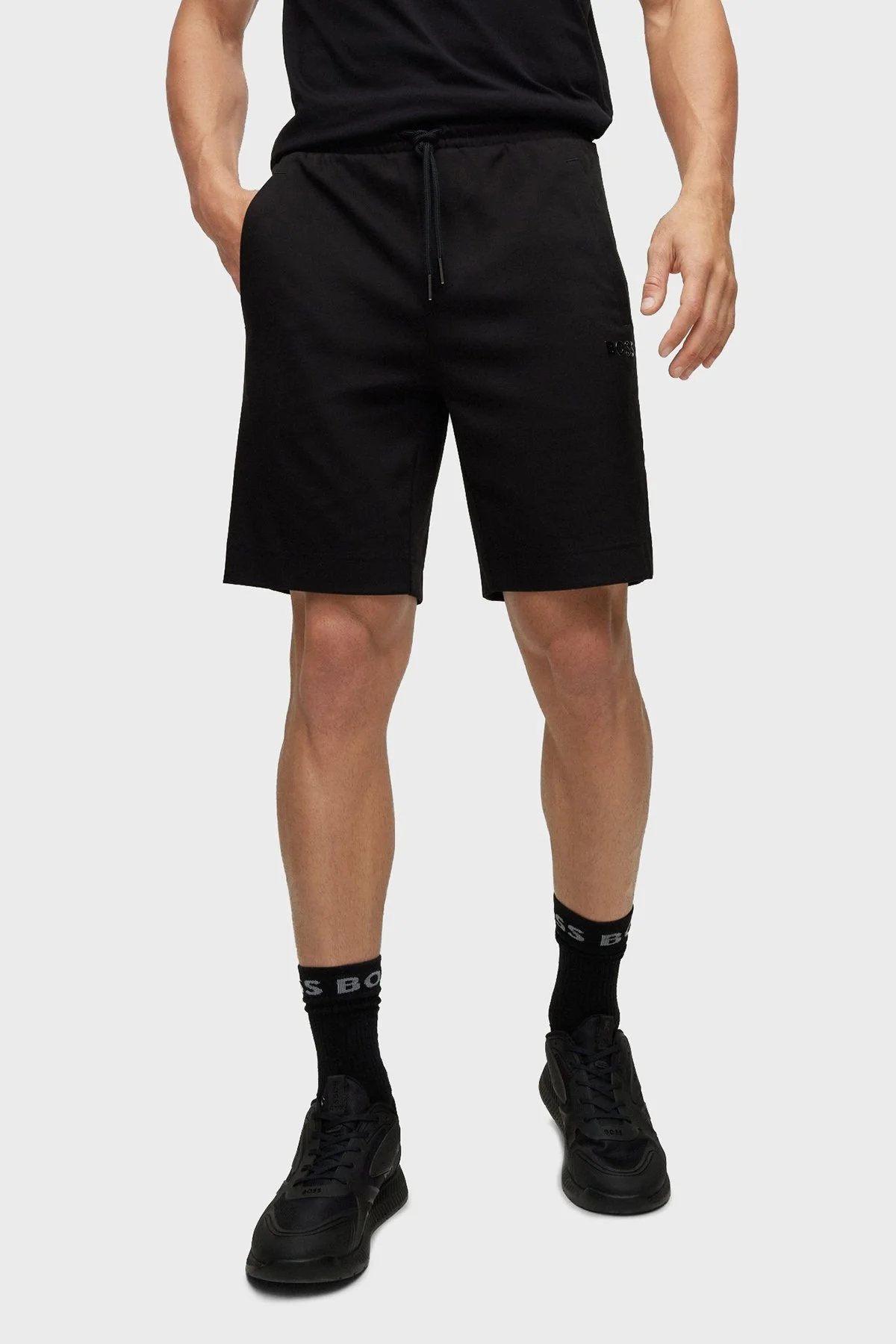 Boss Logo Şeritli Belden Bağlamalı Cepli Pamuk Karışımlı Normal Bel Regular Fit Erkek Short 50486858 001 SİYAH - 2