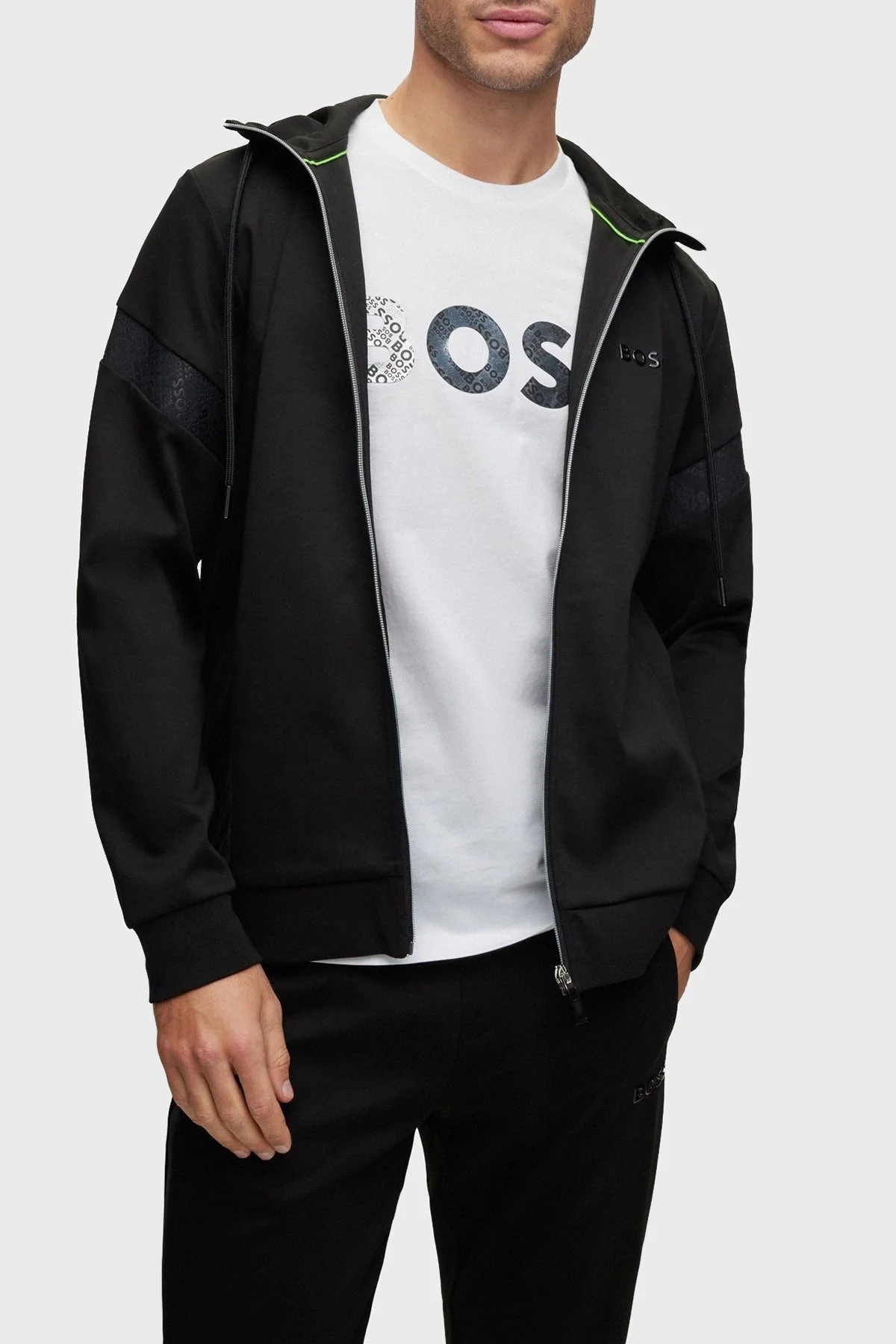 Boss Logo Şeritli Pamuk Karışımlı Kapüşonlu Relaxed Fit Erkek Sweat 50486845 001 SİYAH - 1