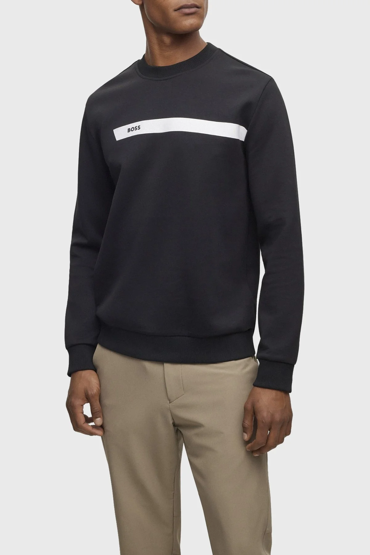 Boss Logo Şeritli Pamuklu Bisiklet Yaka Regular Fit Erkek Sweat 50498227 001 SİYAH - 1