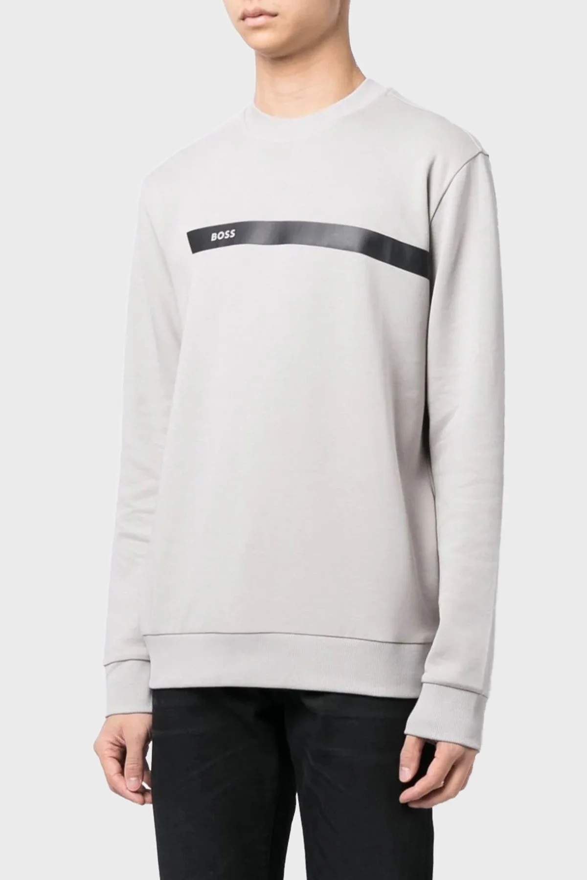 Boss Logo Şeritli Pamuklu Bisiklet Yaka Regular Fit Erkek Sweat 50498227 063 GRİ - 1