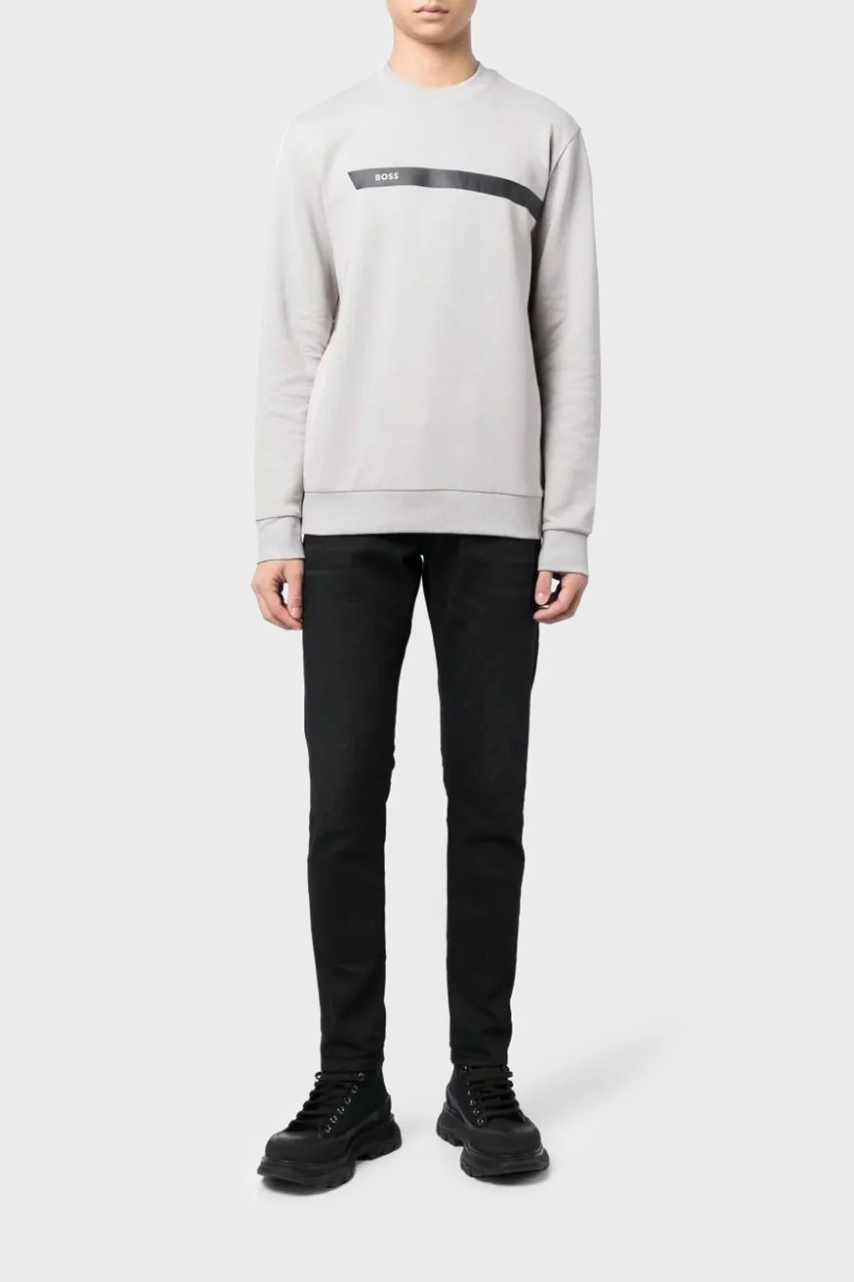 Boss Logo Şeritli Pamuklu Bisiklet Yaka Regular Fit Erkek Sweat 50498227 063 GRİ - 2