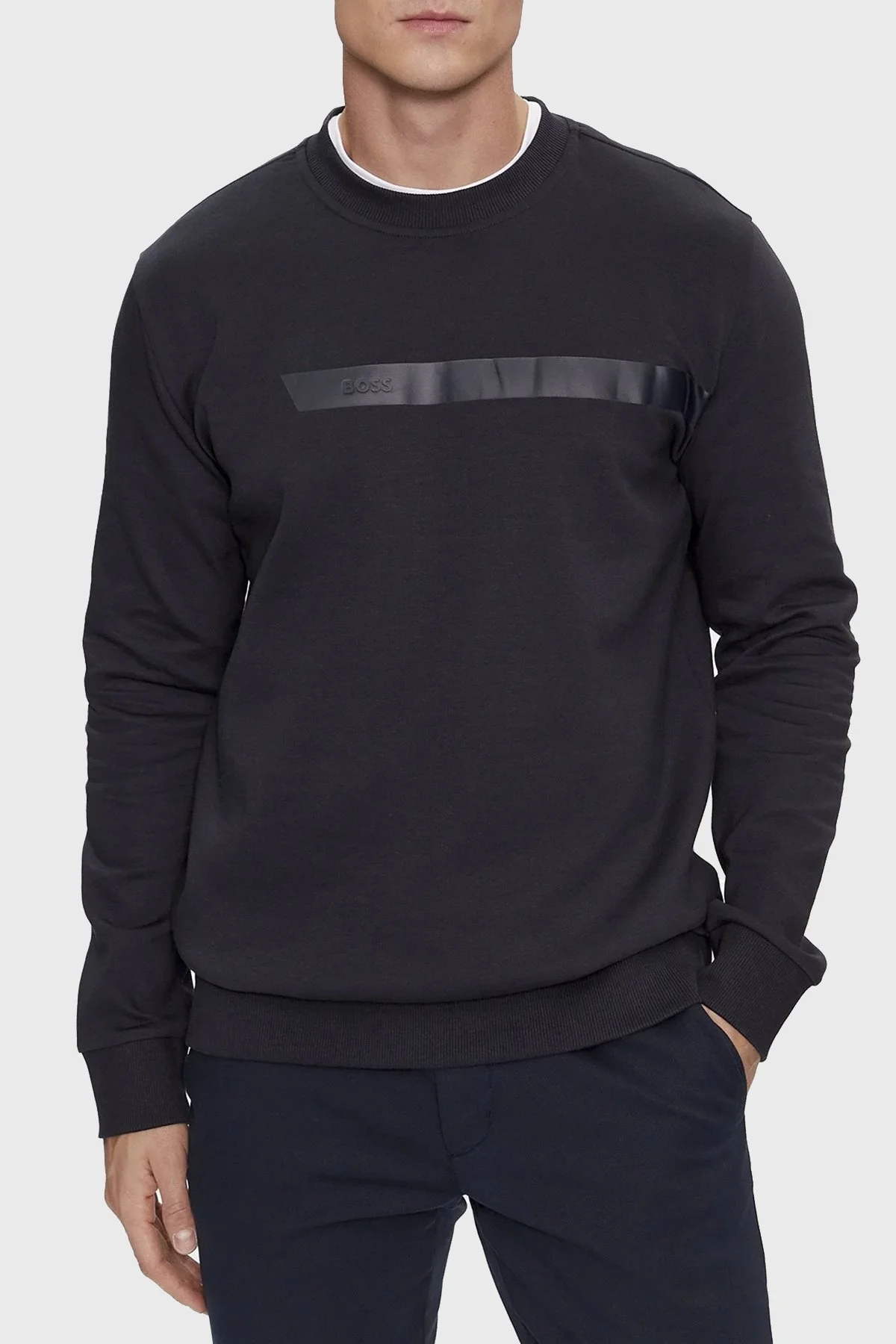 Boss Logo Şeritli Pamuklu Bisiklet Yaka Regular Fit Erkek Sweat 50498227 402 LACİVERT - 1