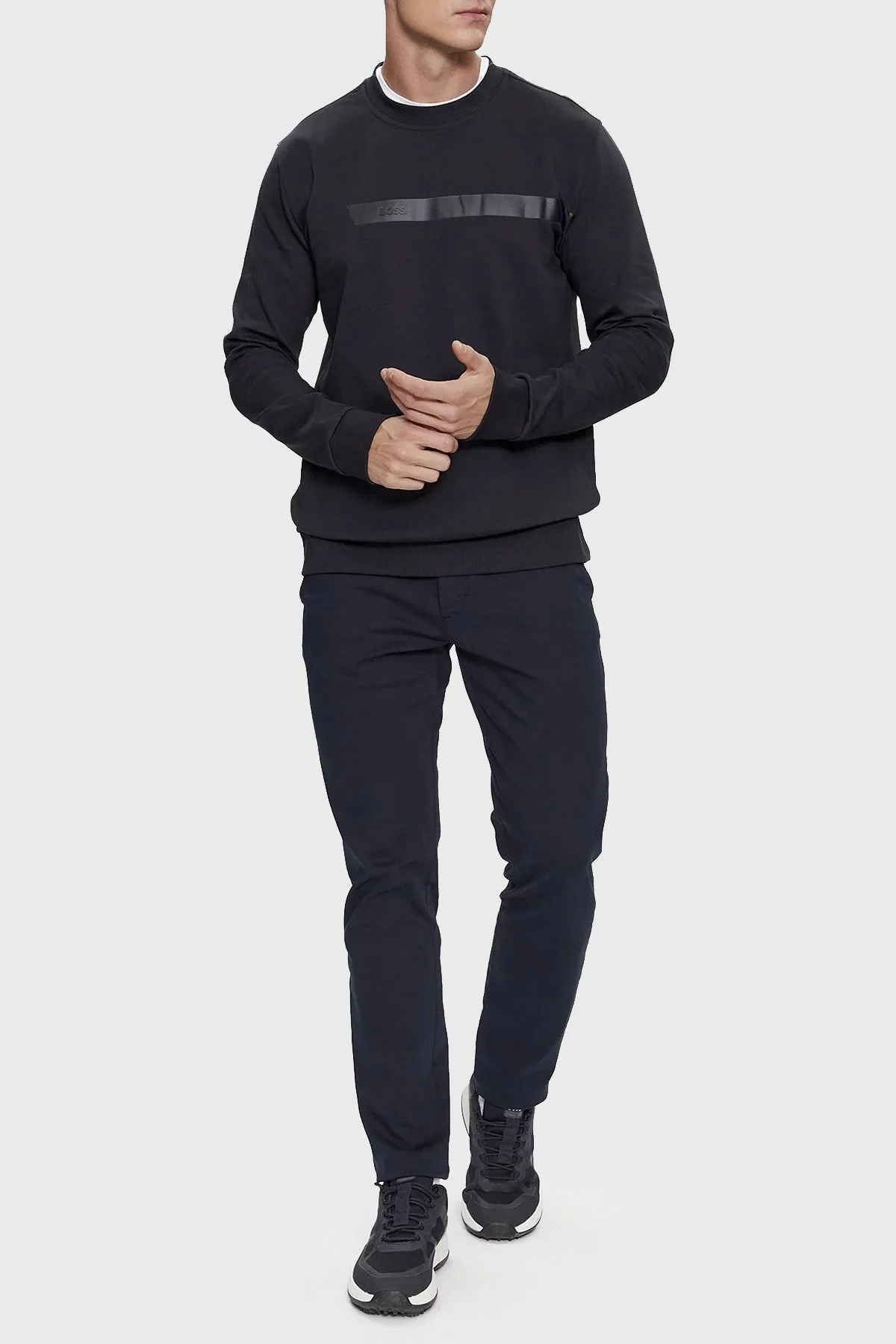 Boss Logo Şeritli Pamuklu Bisiklet Yaka Regular Fit Erkek Sweat 50498227 402 LACİVERT - 2