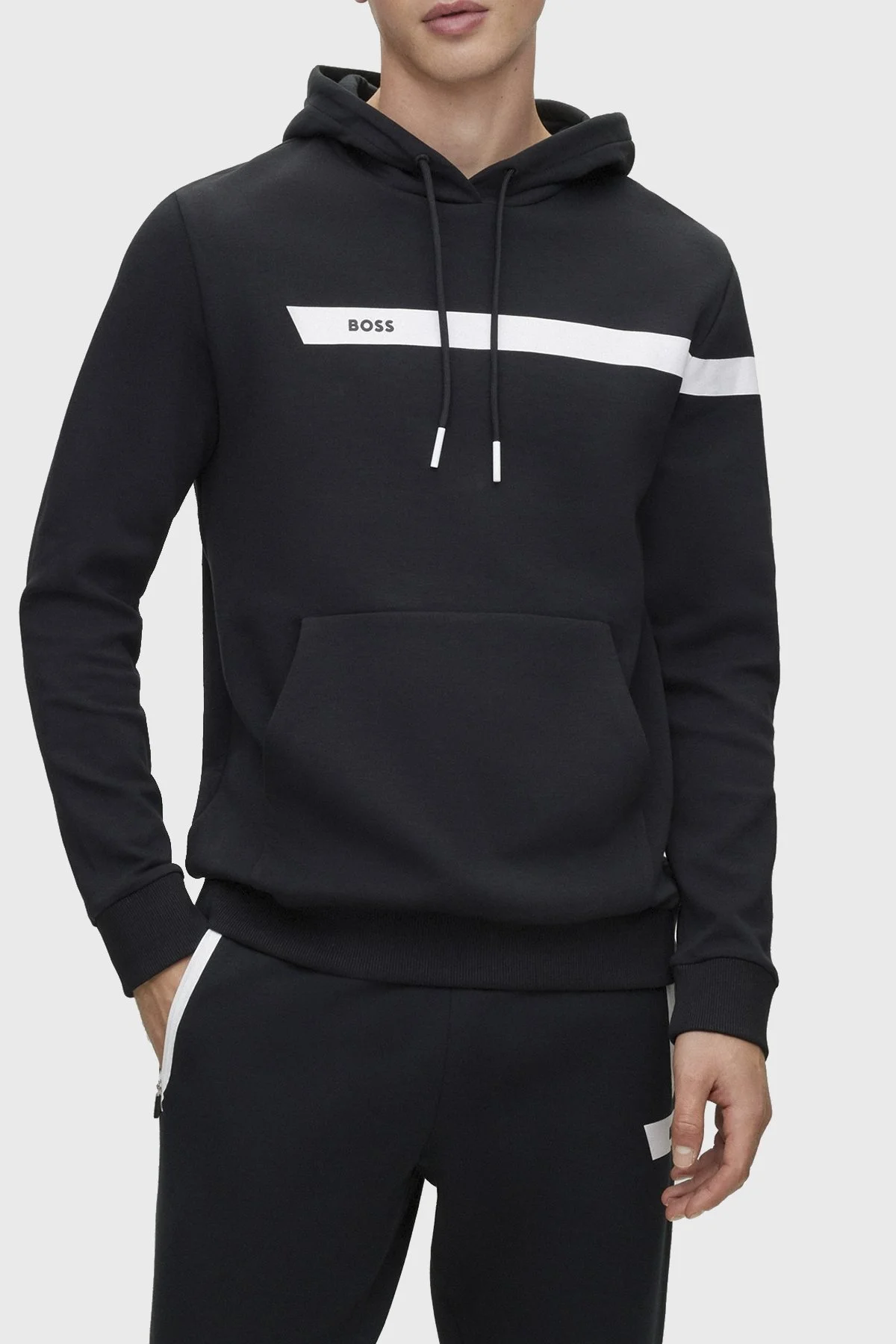 Boss Logo Şeritli Pamuklu Kapüşonlu Regular Fit Erkek Sweat 50498277 001 SİYAH - 1
