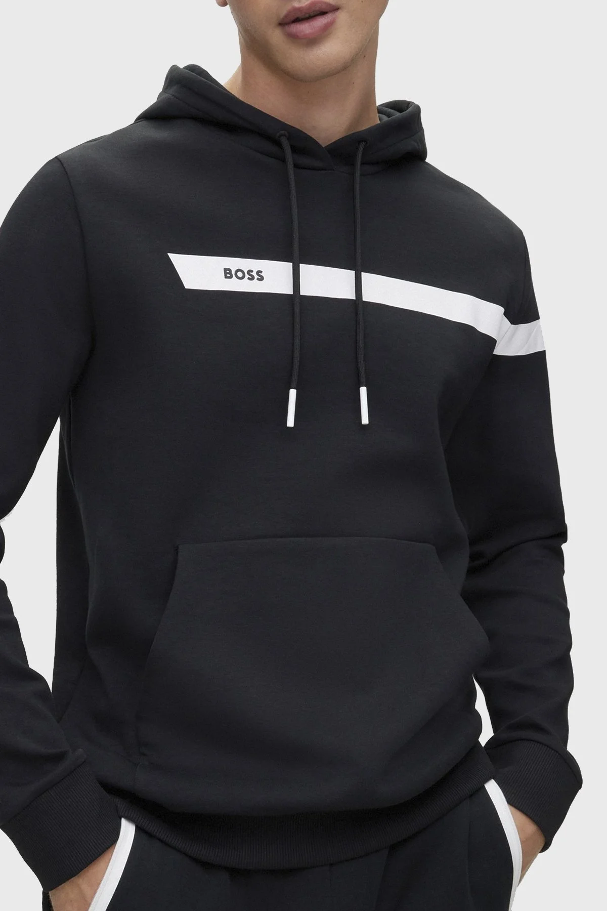 Boss Logo Şeritli Pamuklu Kapüşonlu Regular Fit Erkek Sweat 50498277 001 SİYAH - 2