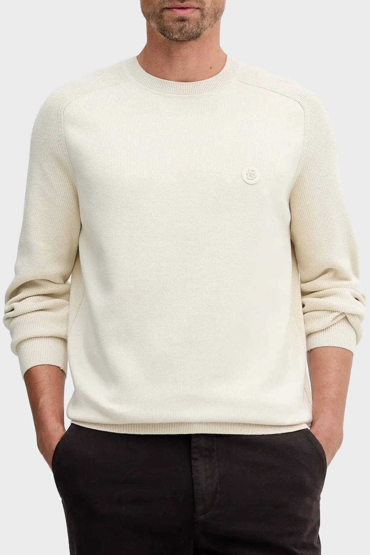 Boss Logolu % 100 Pamuk Regular Fit Bisiklet Yaka Erkek Kazak 50543136 131 EKRU - 1