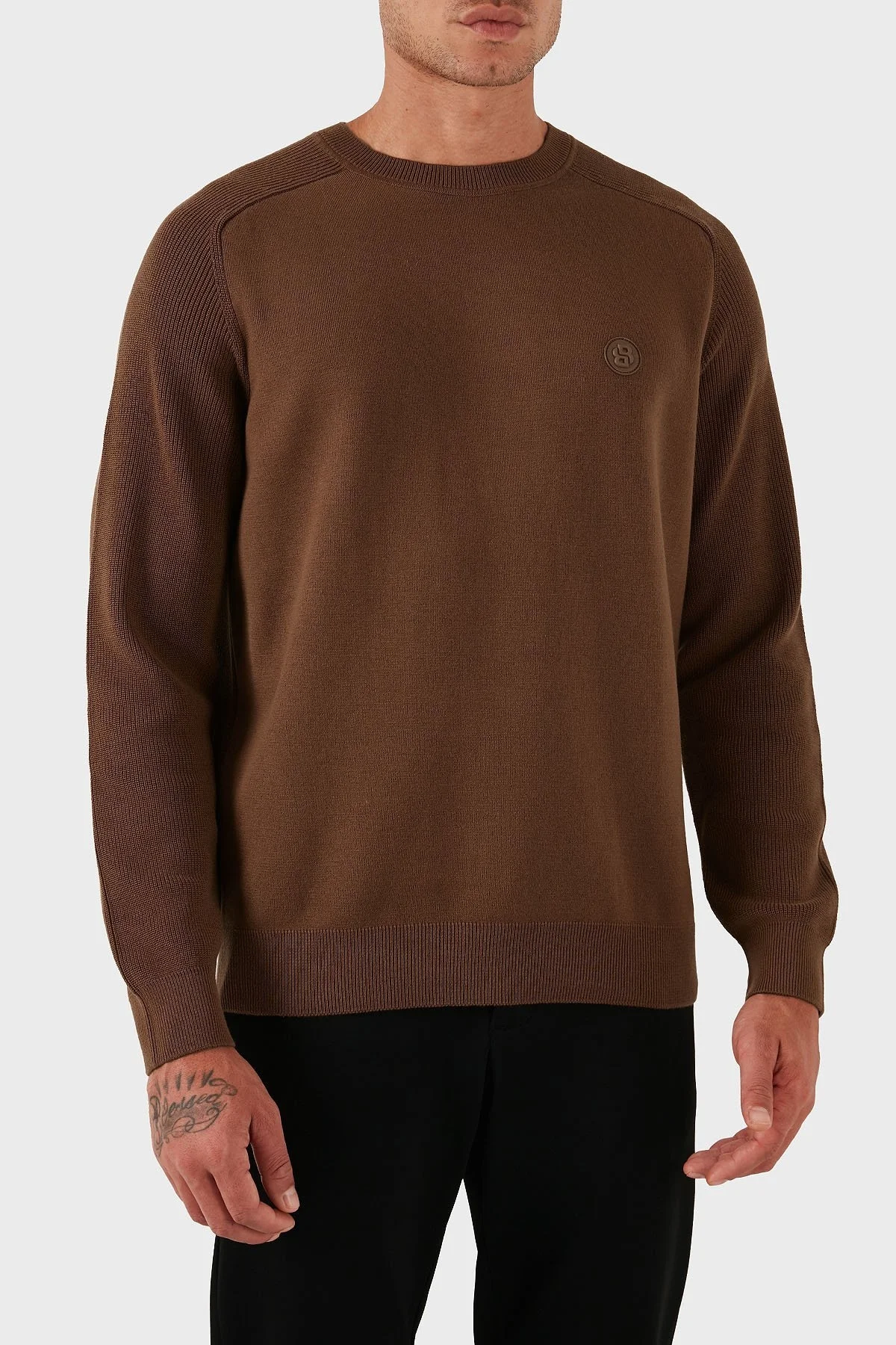 Boss Logolu % 100 Pamuk Regular Fit Bisiklet Yaka Erkek Kazak 50543136 217 KAHVE - 1