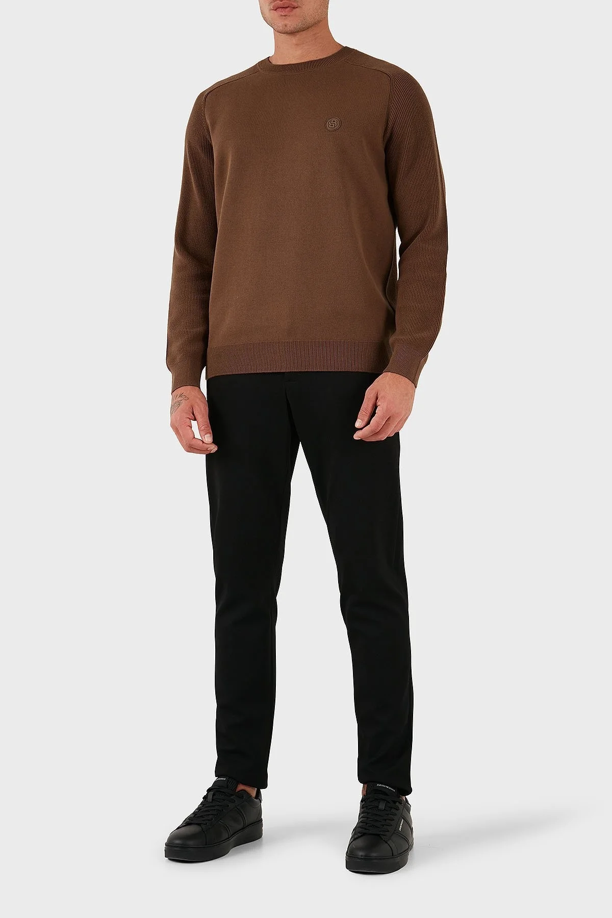 Boss Logolu % 100 Pamuk Regular Fit Bisiklet Yaka Erkek Kazak 50543136 217 KAHVE - 2