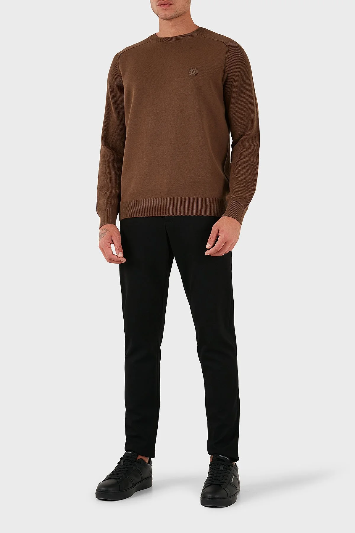 Boss Logolu % 100 Pamuk Regular Fit Bisiklet Yaka Erkek Kazak 50543136 217 KAHVE - 2