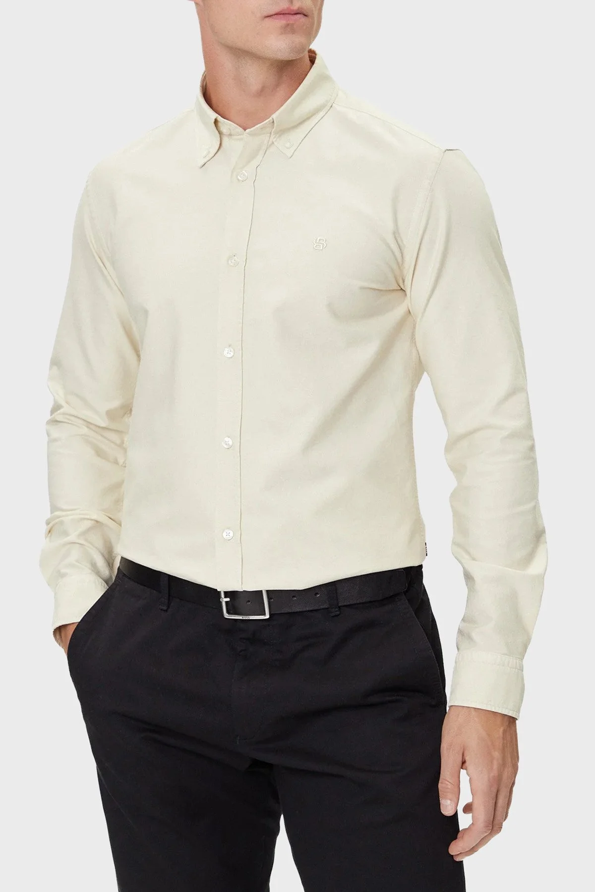 Boss Logolu % 100 Pamuk Slim Fit Düğmeli Yaka Erkek Gömlek 50544917 131 EKRU - 1