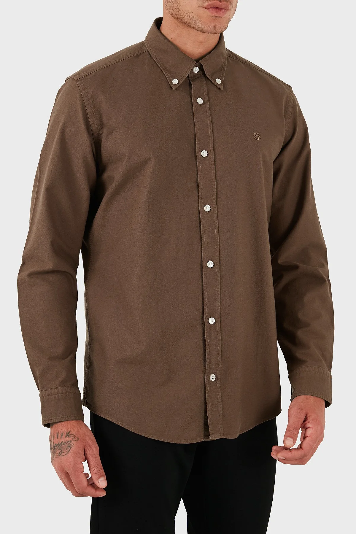 Boss Logolu % 100 Pamuk Slim Fit Düğmeli Yaka Erkek Gömlek 50544917 217 KAHVE - 4