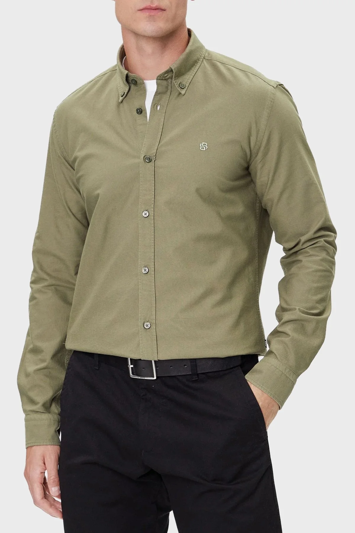 Boss Logolu % 100 Pamuk Slim Fit Düğmeli Yaka Erkek Gömlek 50544917 314 HAKİ - 1