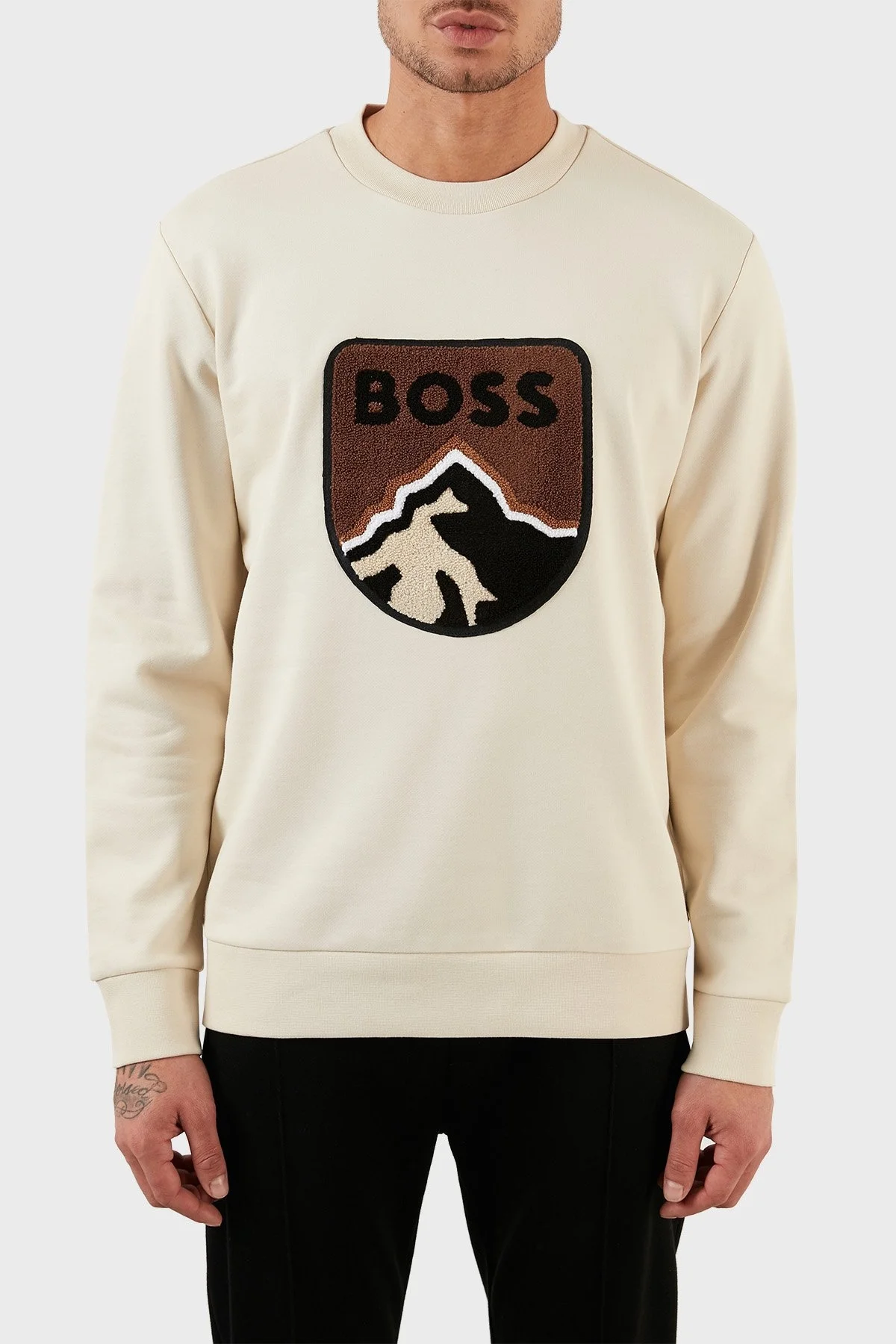 Boss Logolu Bisiklet Yaka % 100 Pamuk Oversize Erkek Sweat 50476984 131 BEJ - 1