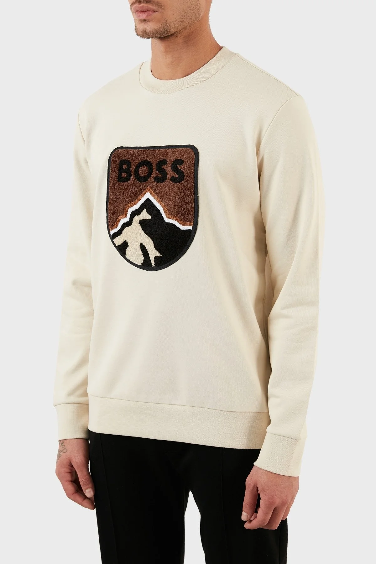 Boss Logolu Bisiklet Yaka % 100 Pamuk Oversize Erkek Sweat 50476984 131 BEJ - 2