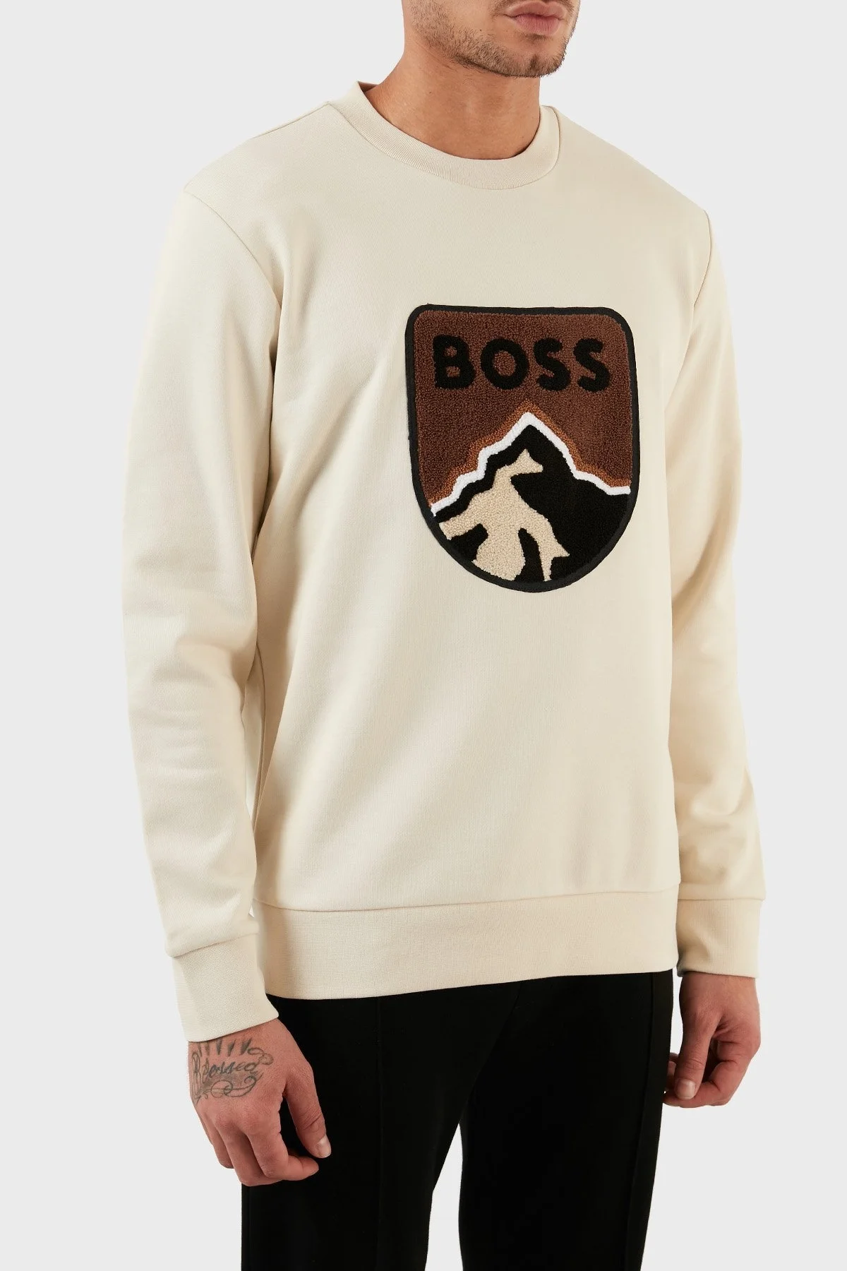 Boss Logolu Bisiklet Yaka % 100 Pamuk Oversize Erkek Sweat 50476984 131 BEJ - 3