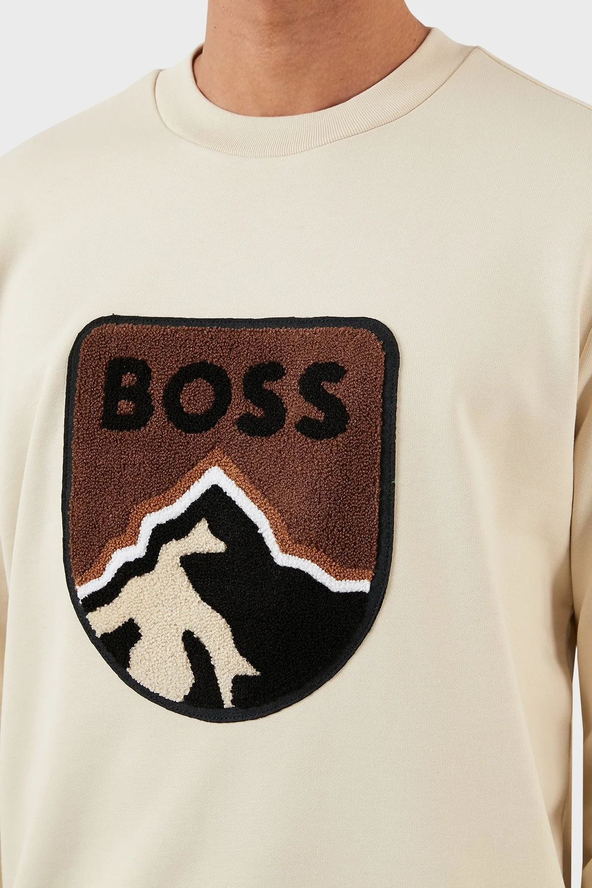 Boss Logolu Bisiklet Yaka % 100 Pamuk Oversize Erkek Sweat 50476984 131 BEJ - 4