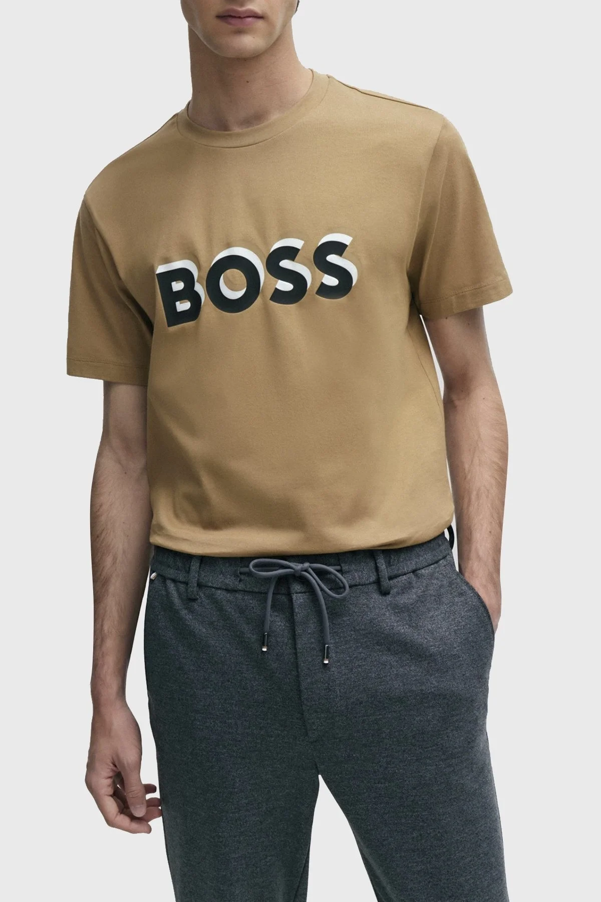 Boss Logolu Bisiklet Yaka Regular Fit Pamuklu Jarse Erkek T Shirt 50506923 260 KAHVE - 1