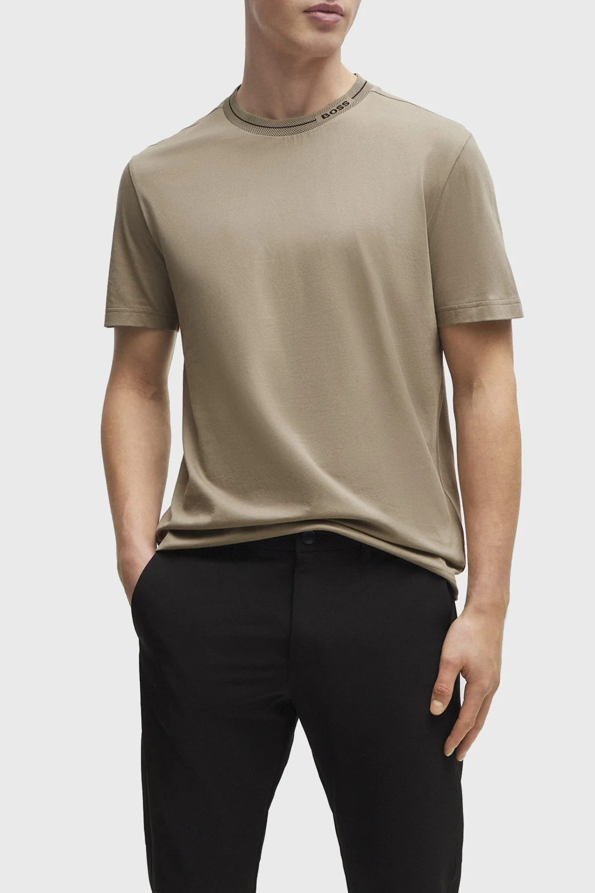 Boss Logolu Bisiklet Yaka Regular Fit Pamuklu Jarse Erkek T Shirt 50512867 334 GRİ - 1