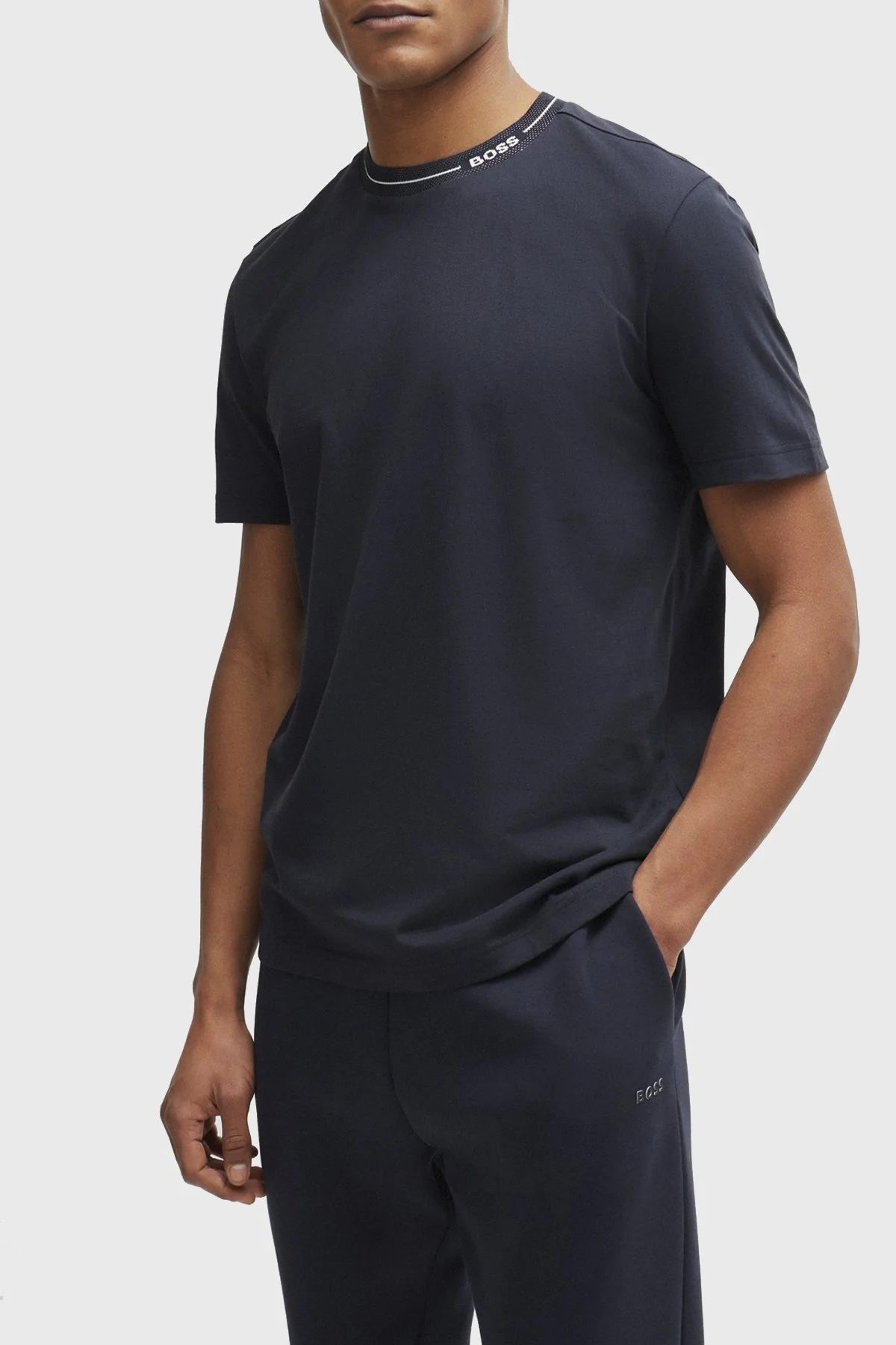 Boss Logolu Bisiklet Yaka Regular Fit Pamuklu Jarse Erkek T Shirt 50512867 402 LACİVERT - 1