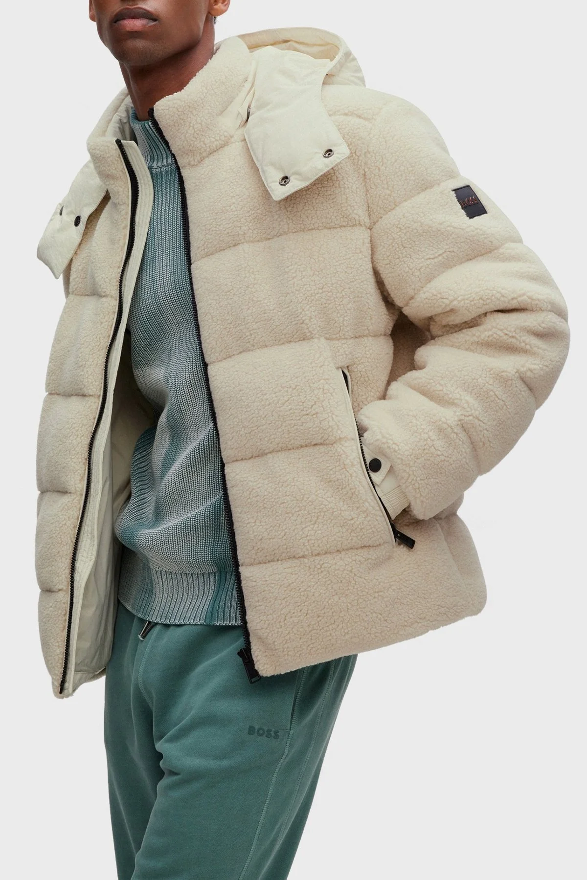 Boss Logolu Çıkarılabilir Kapüşonlu Sherpa Polardan Relaxed Fit Erkek Mont 50476615 131 BEJ - 1