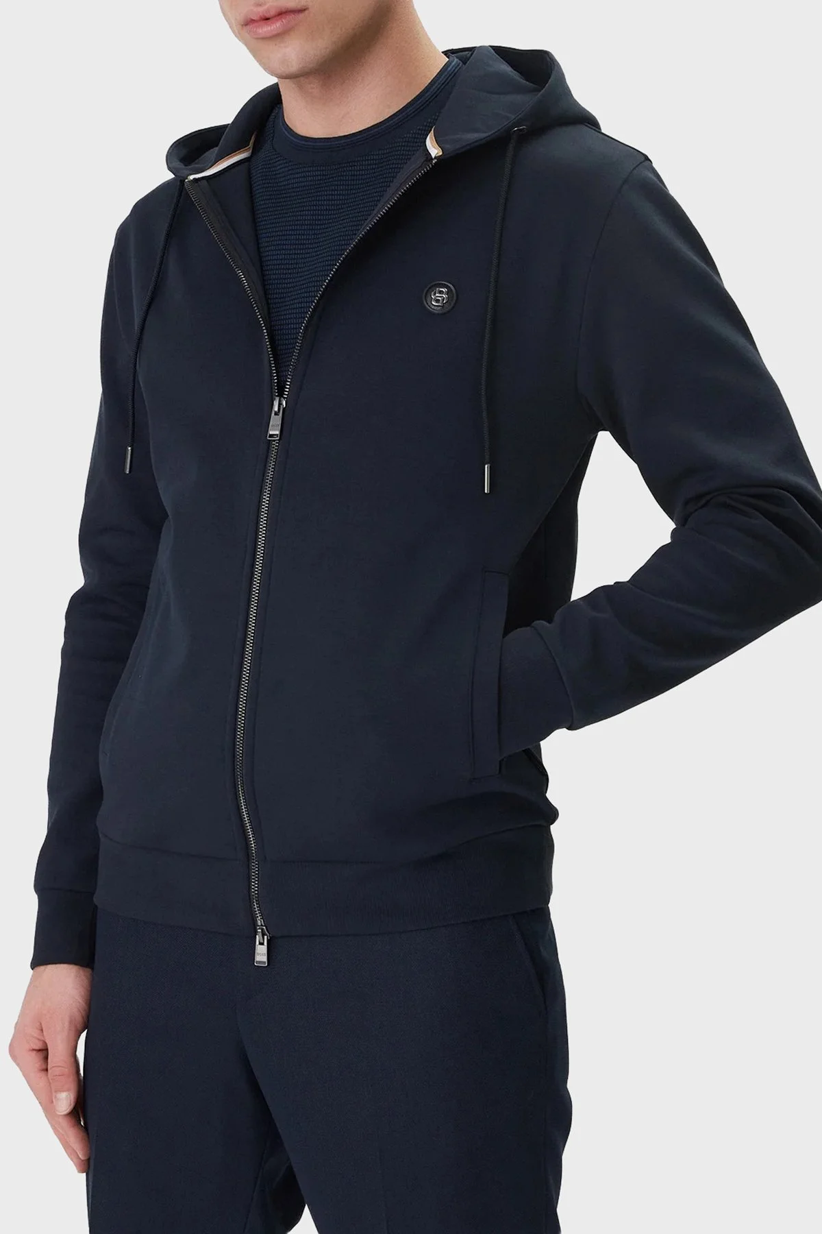 Boss Logolu Pamuk Karışımlı Regular Fit Kapüşonlu Fermuarlı Erkek Sweat 50555851 404 Lacivert - 1