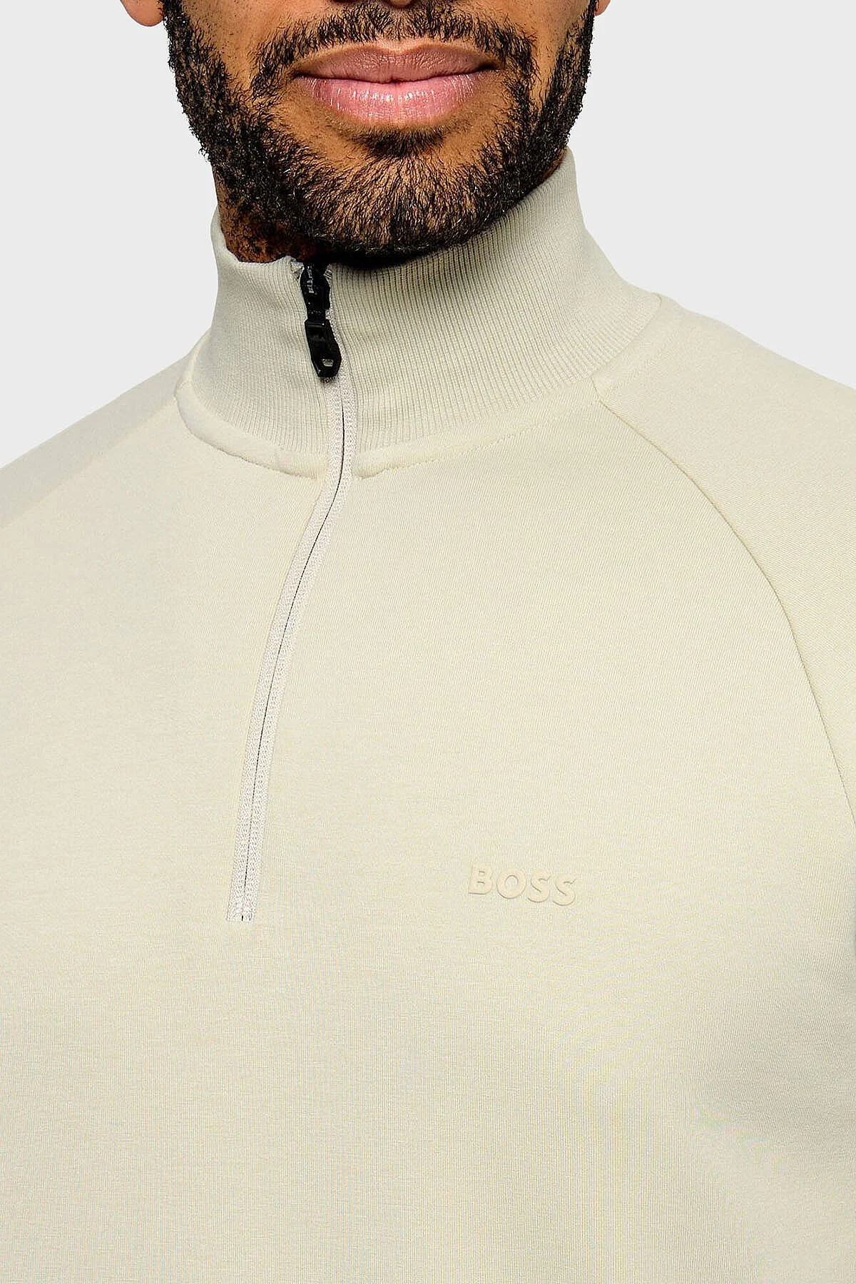 Boss Logolu Pamuk Karışımlı Yarım Fermuarlı Dik Yaka Erkek Sweat 50565306 272 Bej - 4