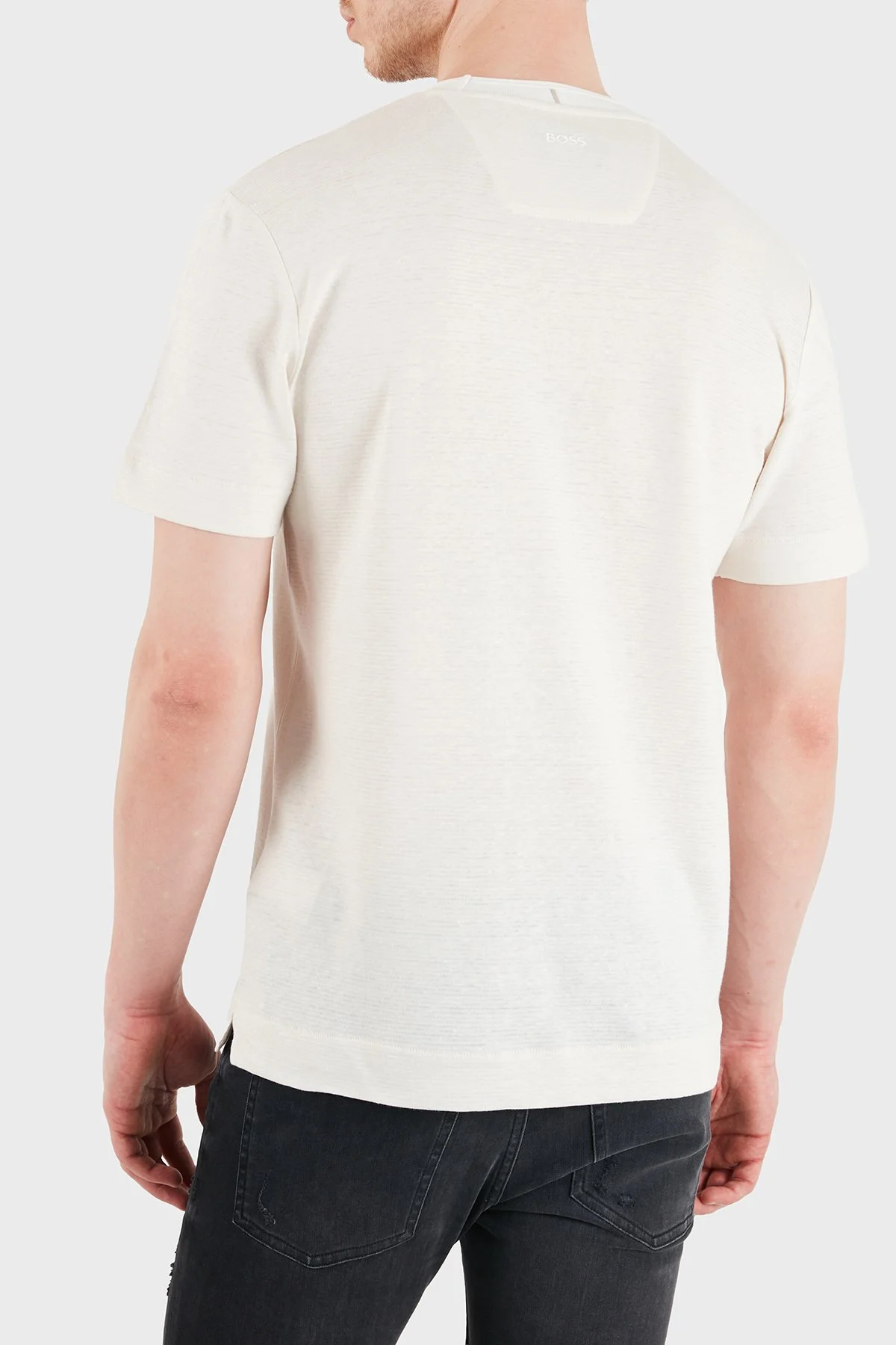 Boss Logolu Pamuk ve Keten Karışımlı Bisiklet Yaka Erkek T Shirt 50558830 118 BEJ - 3