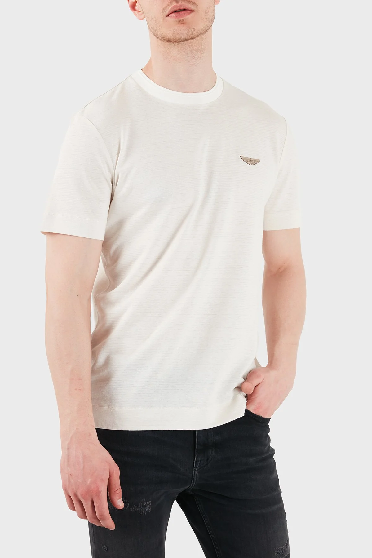 Boss Logolu Pamuk ve Keten Karışımlı Bisiklet Yaka Erkek T Shirt 50558830 118 BEJ - 4