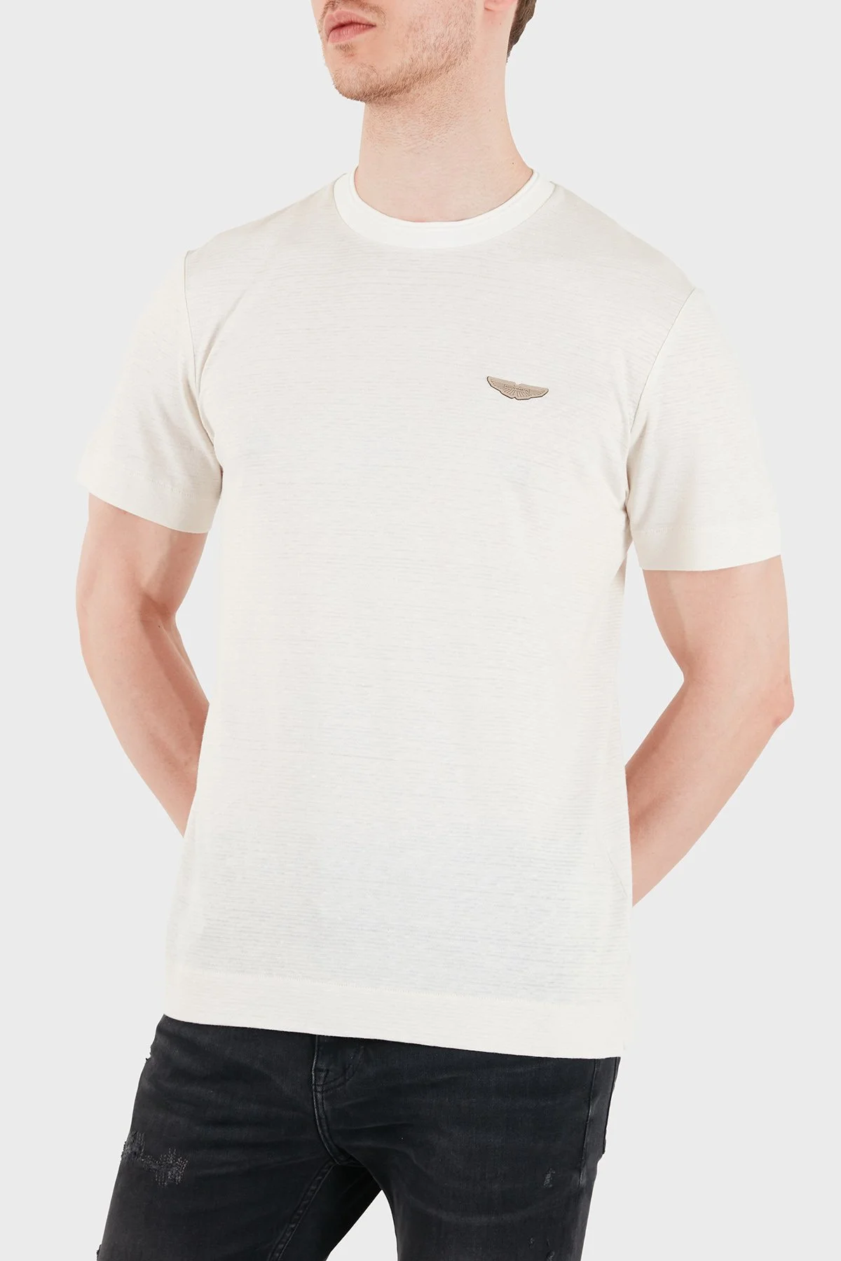 Boss Logolu Pamuk ve Keten Karışımlı Bisiklet Yaka Erkek T Shirt 50558830 118 BEJ - 1