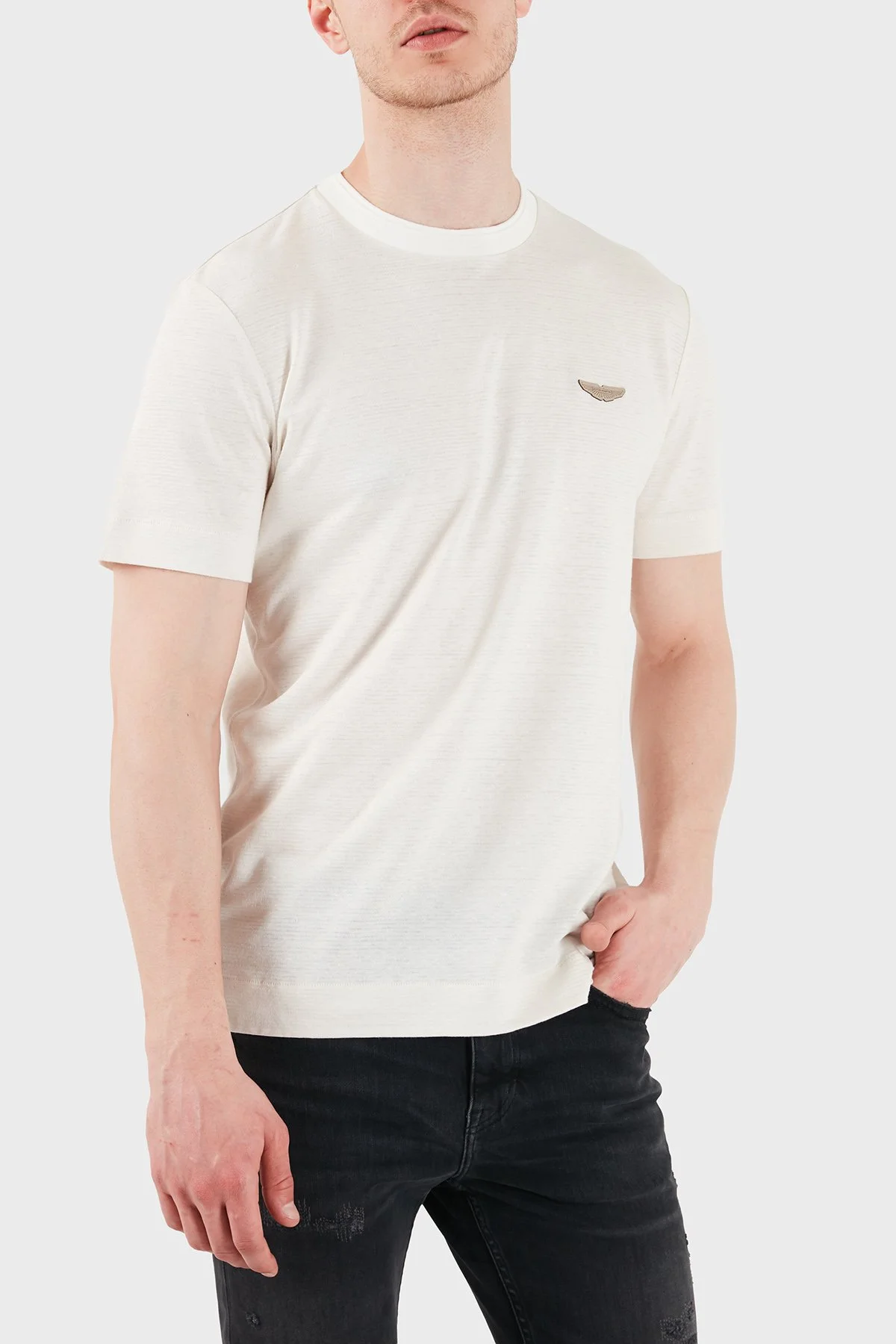 Boss Logolu Pamuk ve Keten Karışımlı Bisiklet Yaka Erkek T Shirt 50558830 118 BEJ - 5