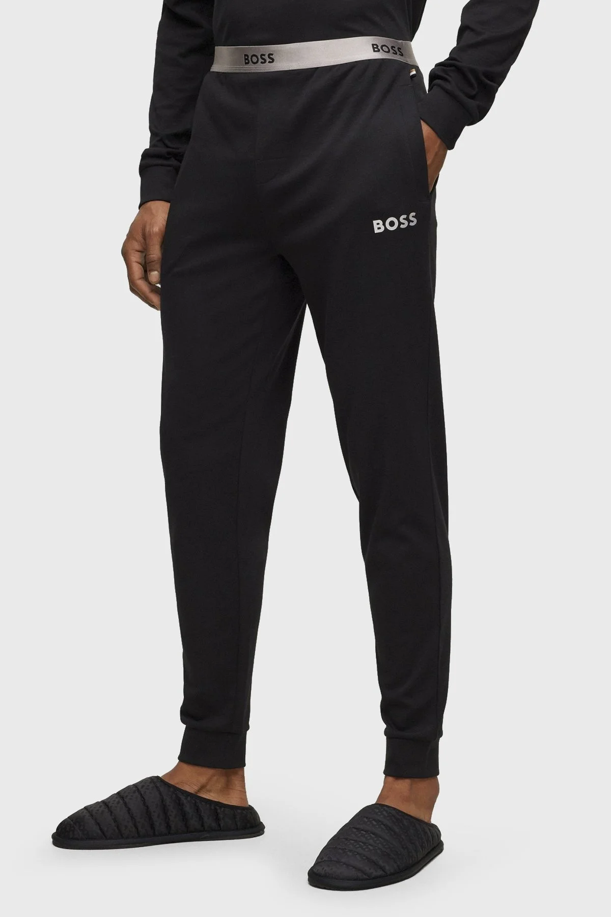 Boss Logolu Pamuklu Elastik Bel Bantlı Bisiklet Yaka Erkek Pijama Takımı 50501737 001 SİYAH - 4
