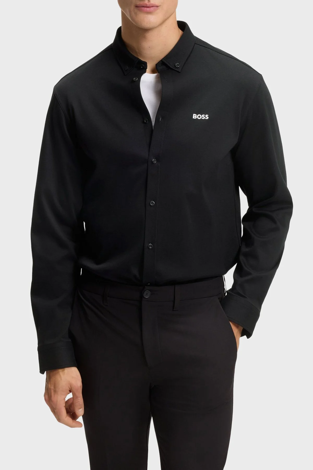 Boss Logolu Pamuklu Jarse Regular Fit Düğmeli Yaka Erkek Gömlek 50555946 002 SİYAH - 1