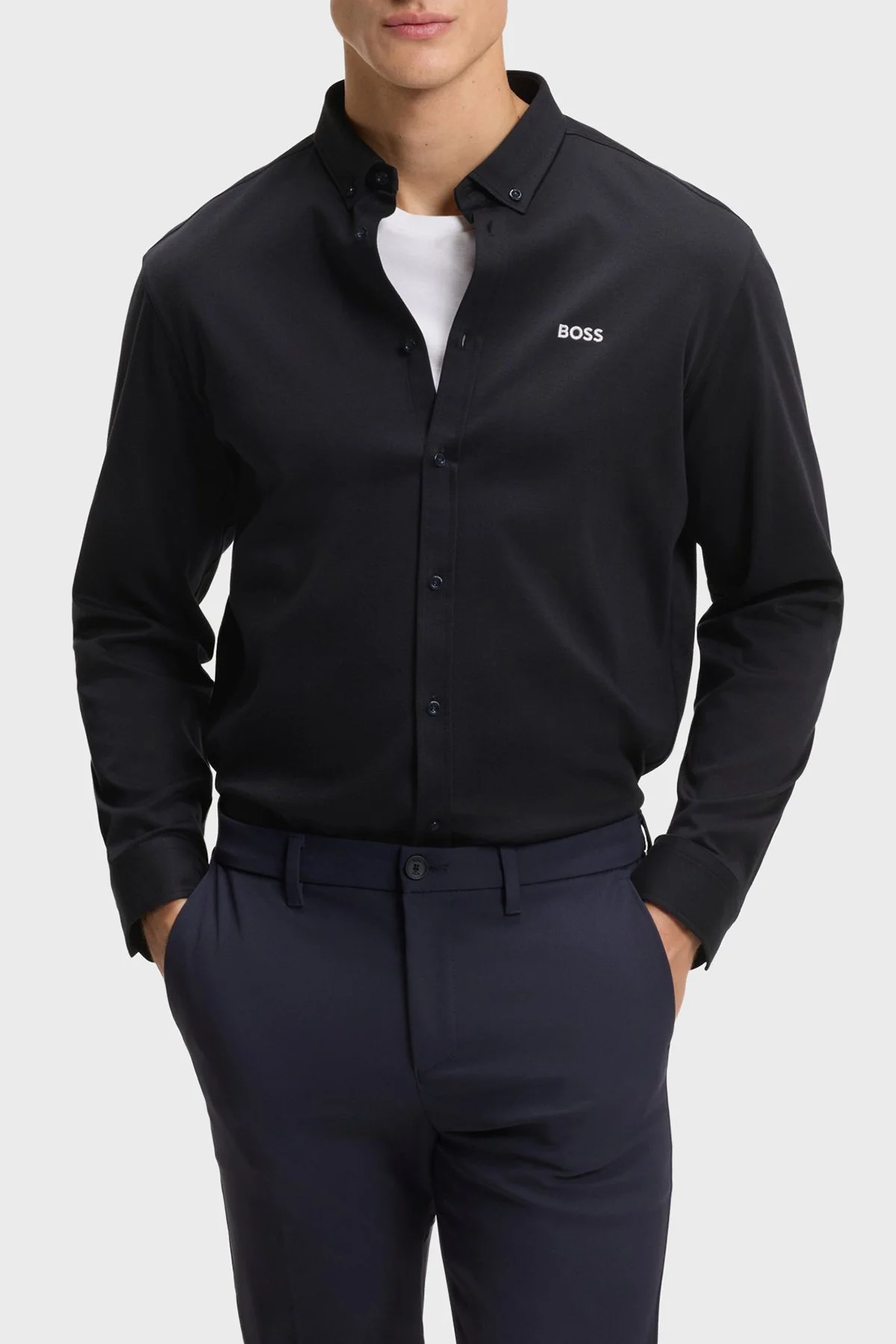 Boss Logolu Pamuklu Jarse Regular Fit Düğmeli Yaka Erkek Gömlek 50555946 402 LACİVERT - 1