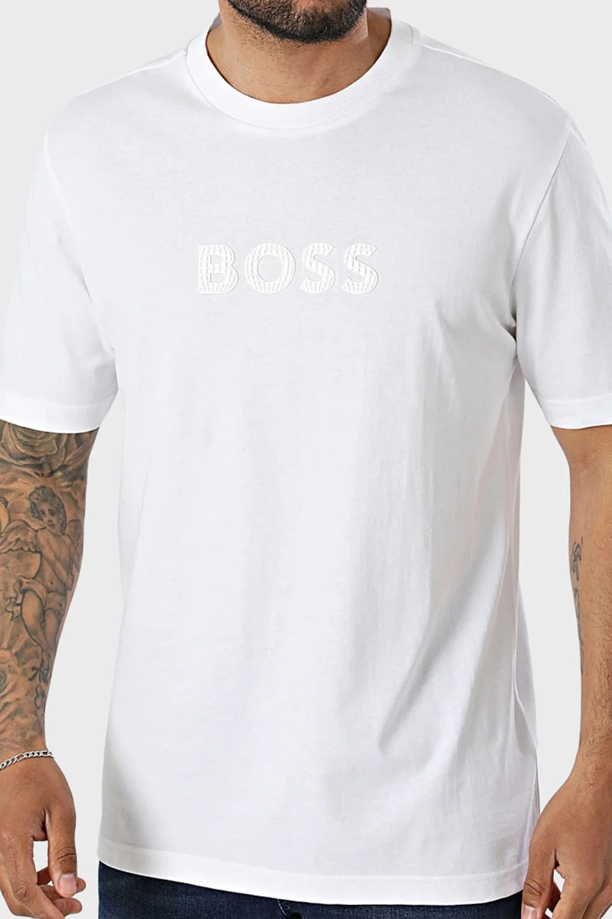 Boss Logolu Pamuklu Regular Fit Bisiklet Yaka Erkek T Shirt 50559361 100 BEYAZ - 1