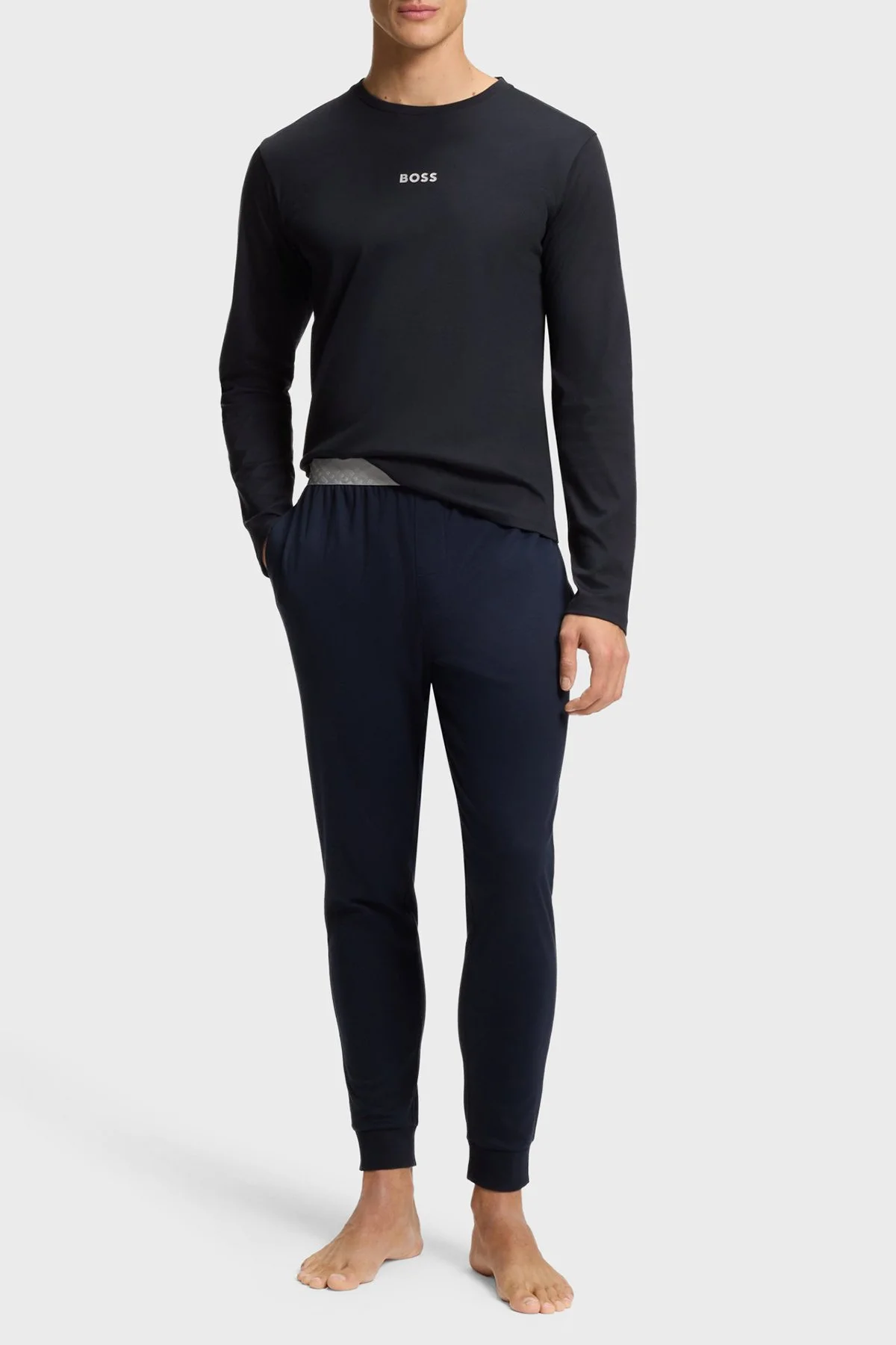 Boss Logolu Pamuklu Regular Fit Bisiklet Yaka Uzun Kollu Erkek Pijama Takımı 50550547 402 LACİVERT - 1