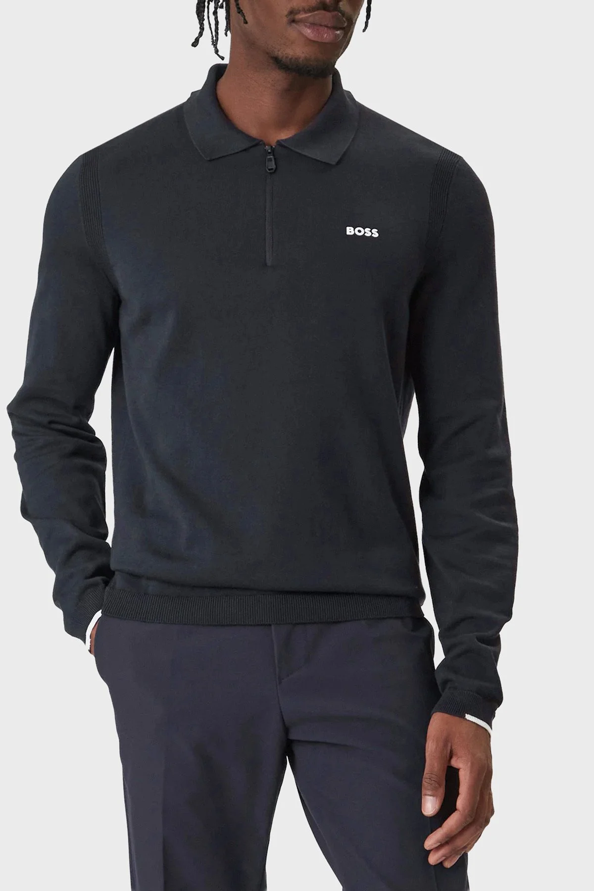 Boss Logolu Pamuklu Regular Fit Fermuarlı Erkek Polo Yaka Kazak 50551688 402 LACİVERT - 1