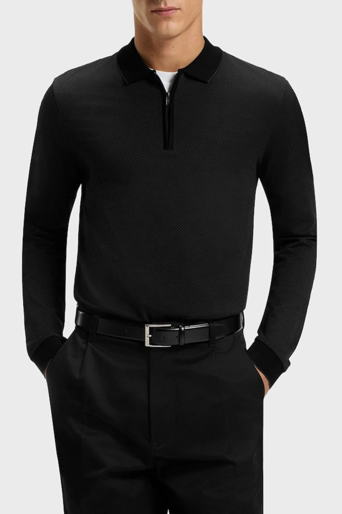 Boss Logolu Pamuklu Regular Fit Yarım Fermuarlı Erkek Polo Yaka Kazak 50549583 001 SİYAH - 1