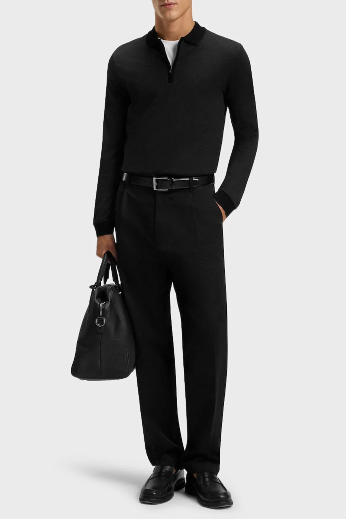 Boss Logolu Pamuklu Regular Fit Yarım Fermuarlı Erkek Polo Yaka Kazak 50549583 001 SİYAH - 2