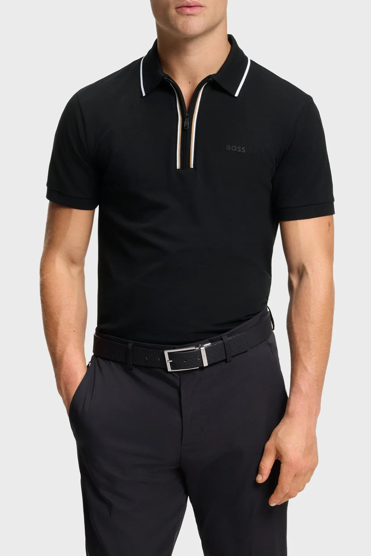 Boss Logolu Pamuklu Slim Fit Yarım Fermuarlı Erkek Polo 50555698 001 SİYAH - 1