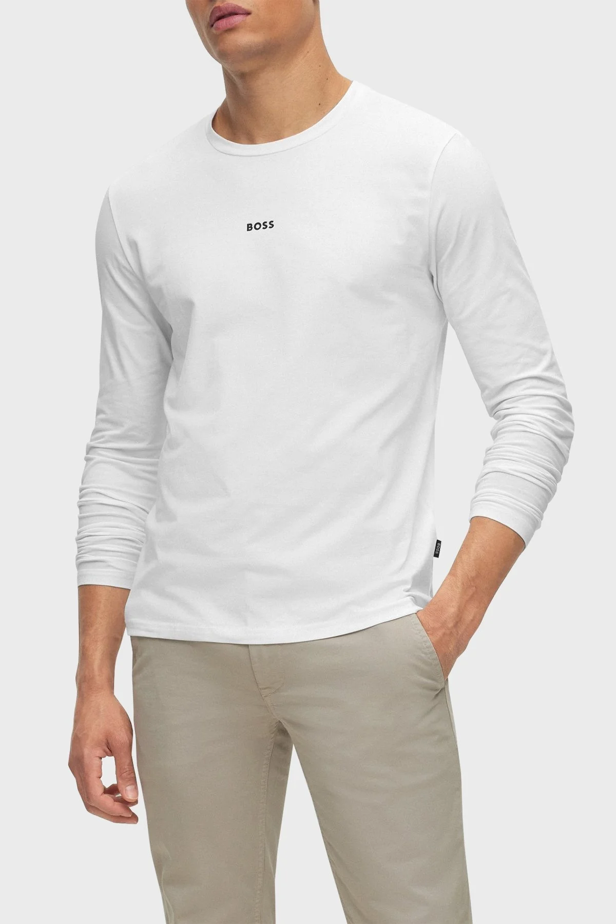 Boss Logolu Regular Fit Bisiklet Yaka Uzun Kollu Pamuklu Erkek T Shirt 50473286 100 BEYAZ - 1