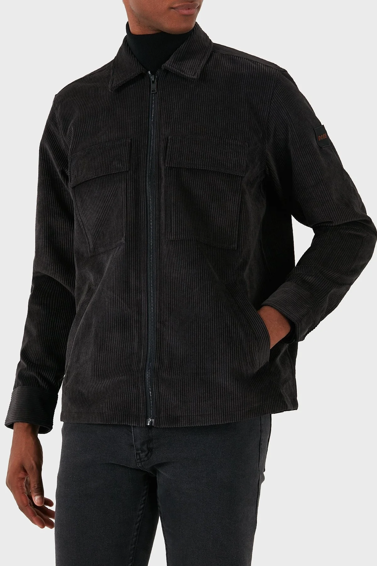 Boss Logolu Regular Fit Fermuarlı Kadife Erkek Gömlek 50527341 001 SİYAH - 4