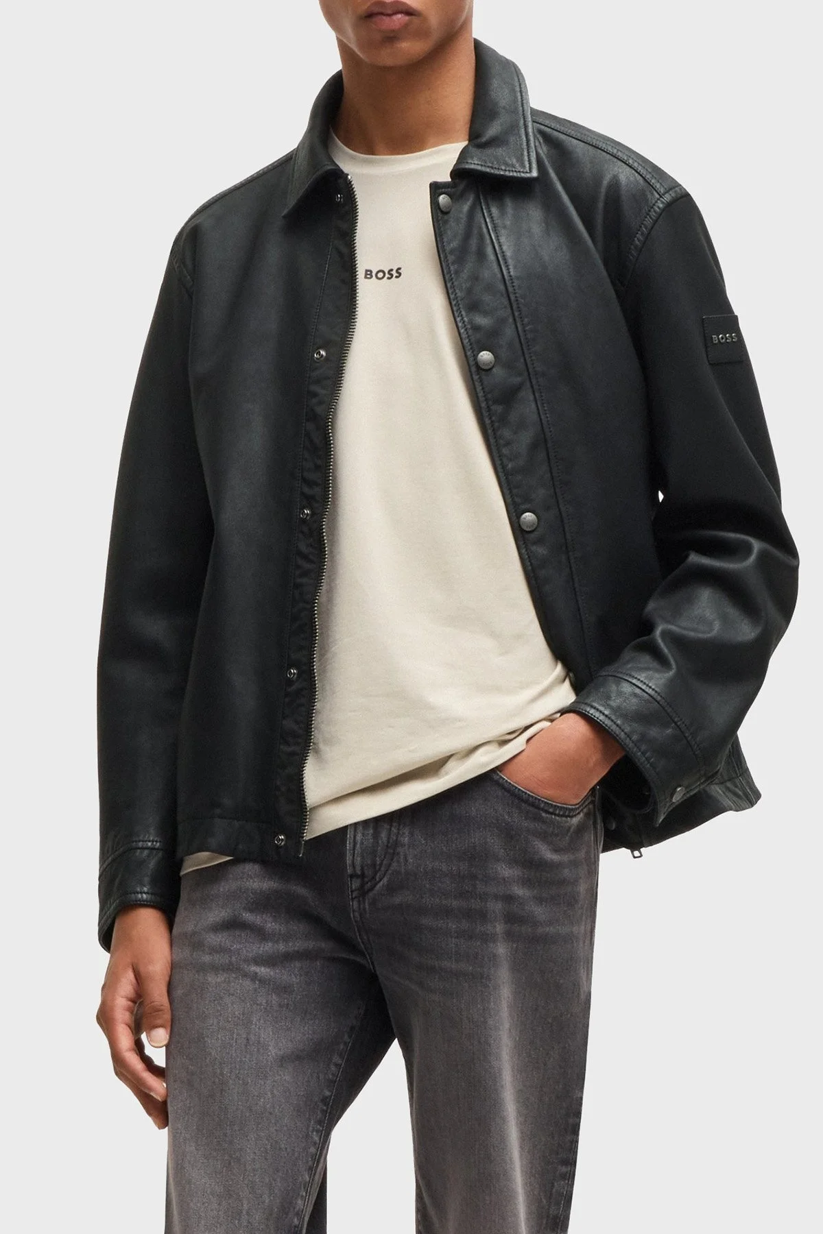 Boss Logolu Regular Fit Hakiki Deri Erkek Ceket 50522241 001 SİYAH - 1