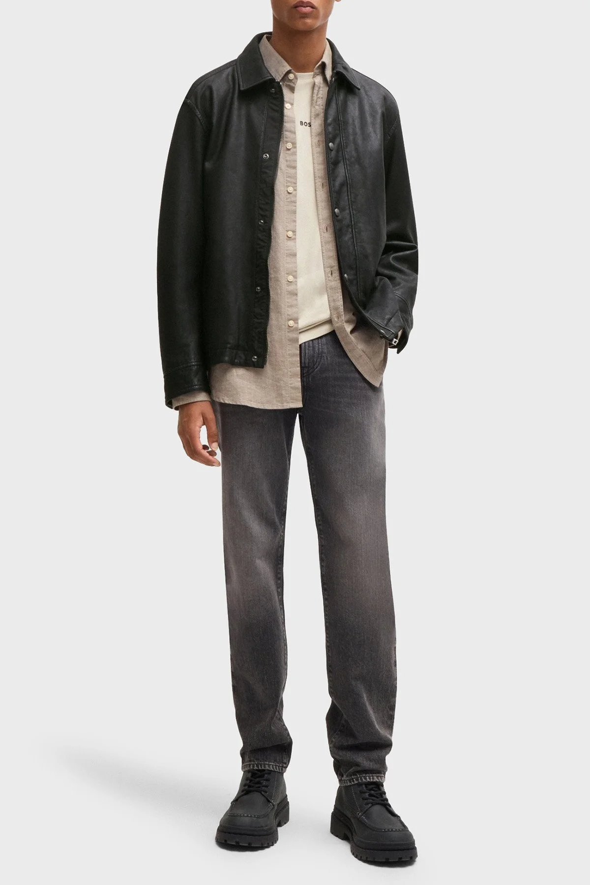 Boss Logolu Regular Fit Hakiki Deri Erkek Ceket 50522241 001 SİYAH - 3