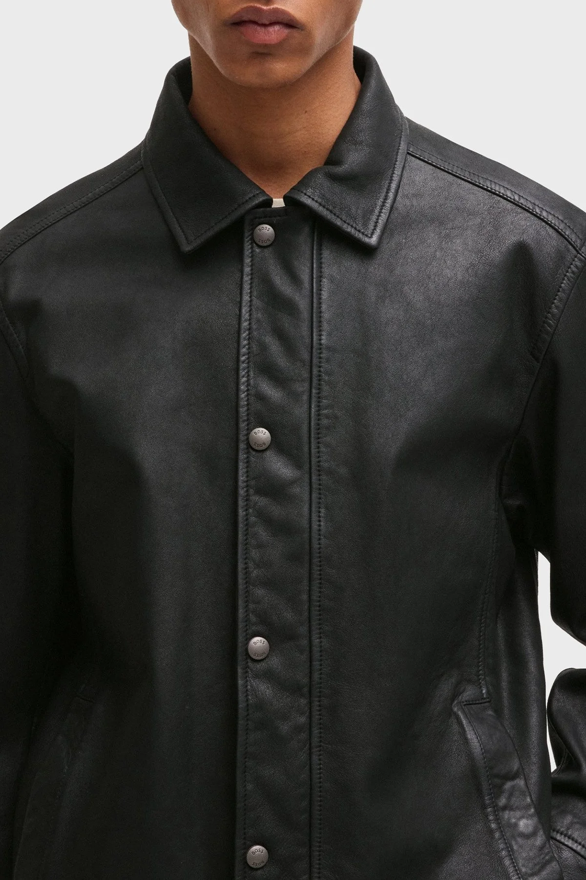 Boss Logolu Regular Fit Hakiki Deri Erkek Ceket 50522241 001 SİYAH - 4